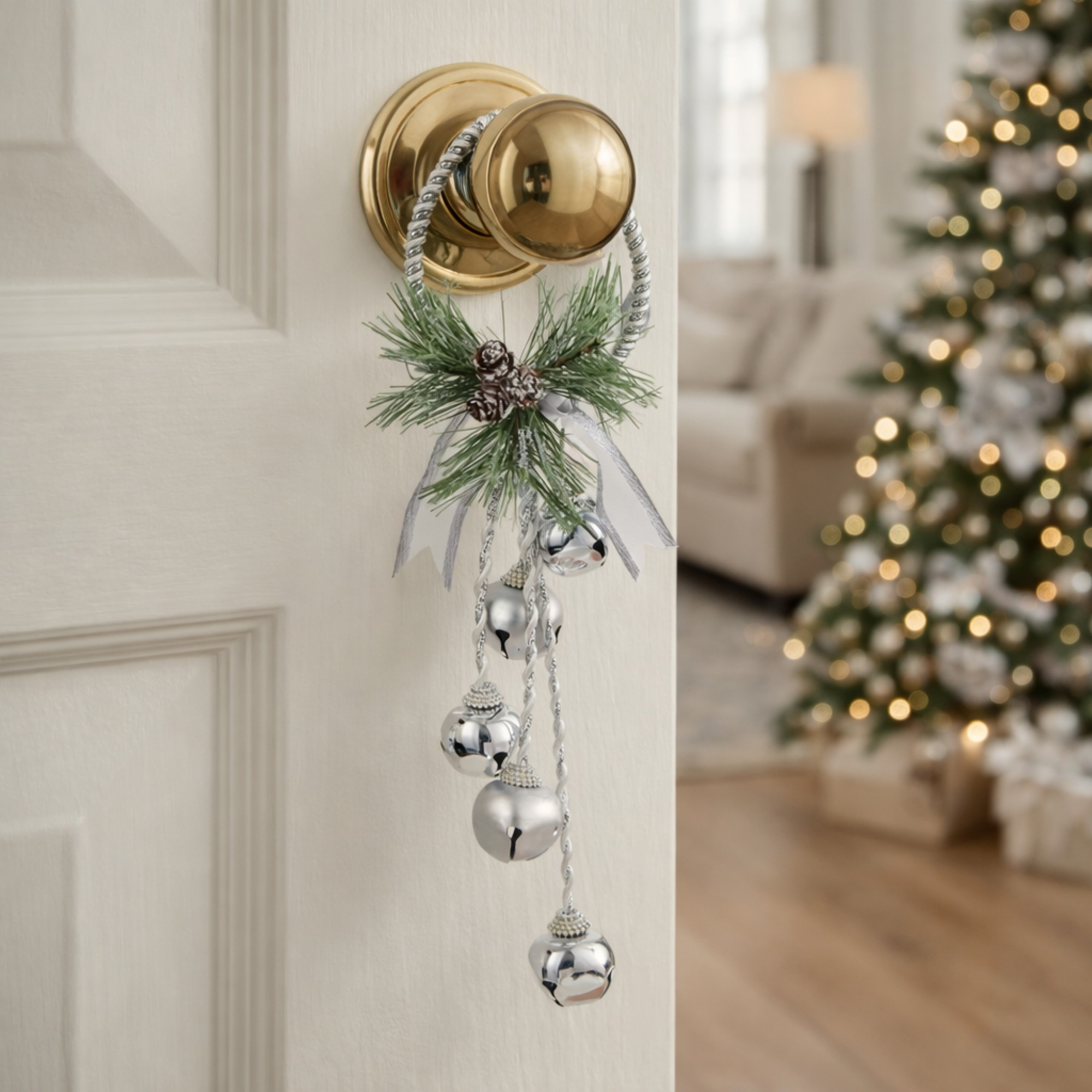 Kurt Adler Silver and White Bell Door Hanger with Greens and Pinecones