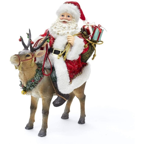 Kurt Adler Fabriche Tabletop Christmas Figurine, Santa On Reindeer, 11.5"