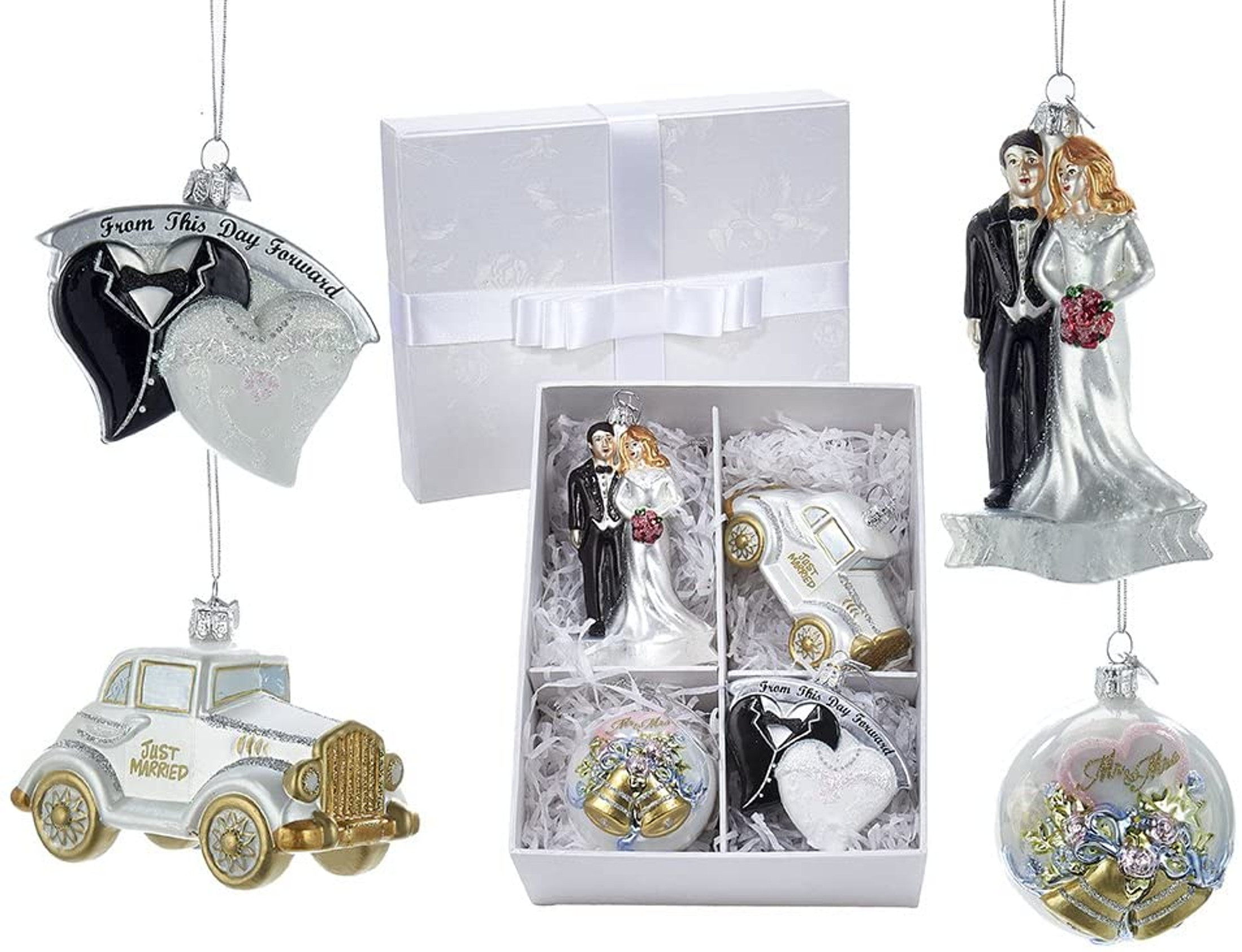 Kurt Adler Noble Gems?? Wedding Boxed Glass Ornaments, 4-Piece Box Set