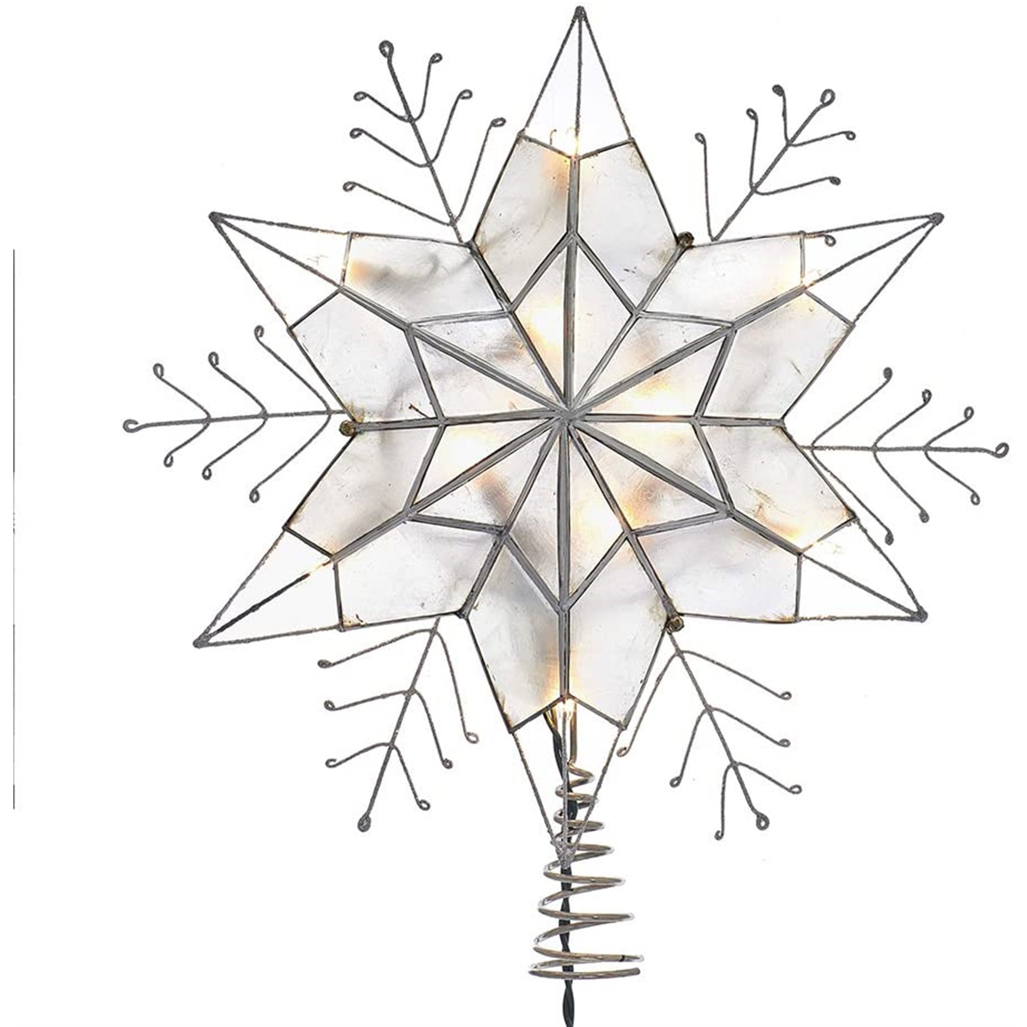 Kurt Adler Nickle Plated 6-Point Silver Glitter Capiz Star Tree Topper, 14"
