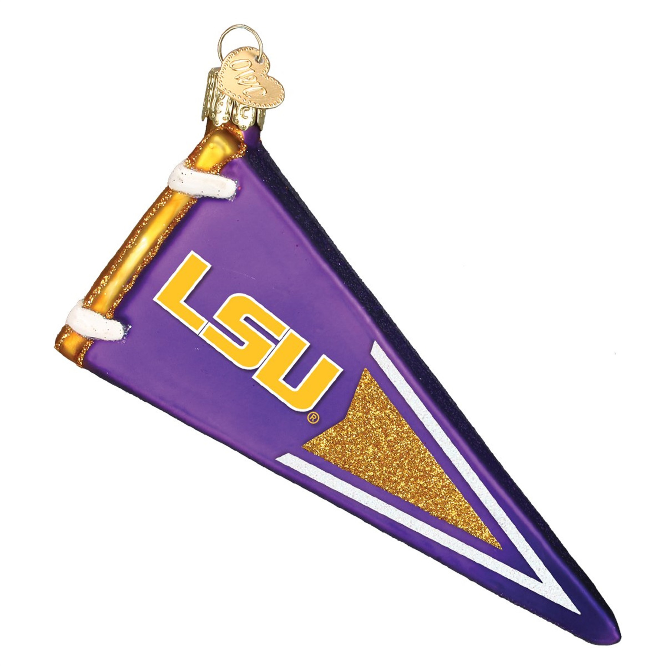 Old World Christmas Glass Blown Ornament, LSU Pennant, 5" (With OWC Gift Box)