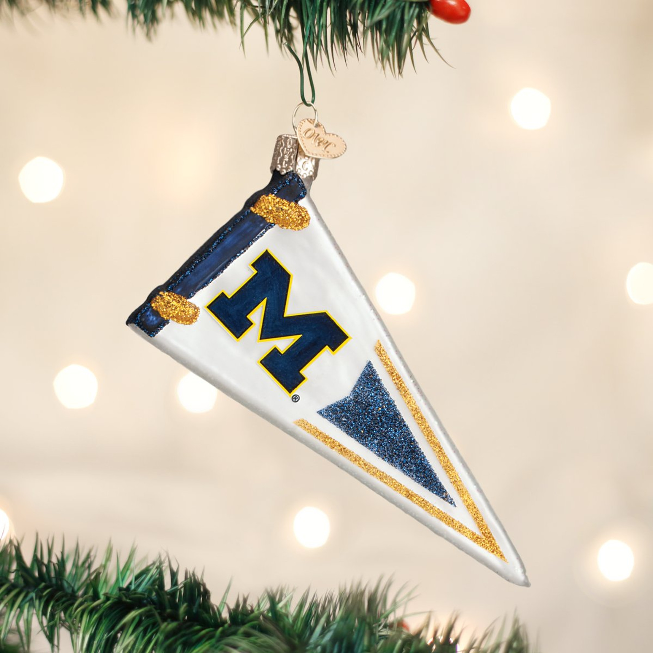 Old World Christmas Glass Blown Ornament, Michigan Pennant, 5" (With OWC Gift Box)
