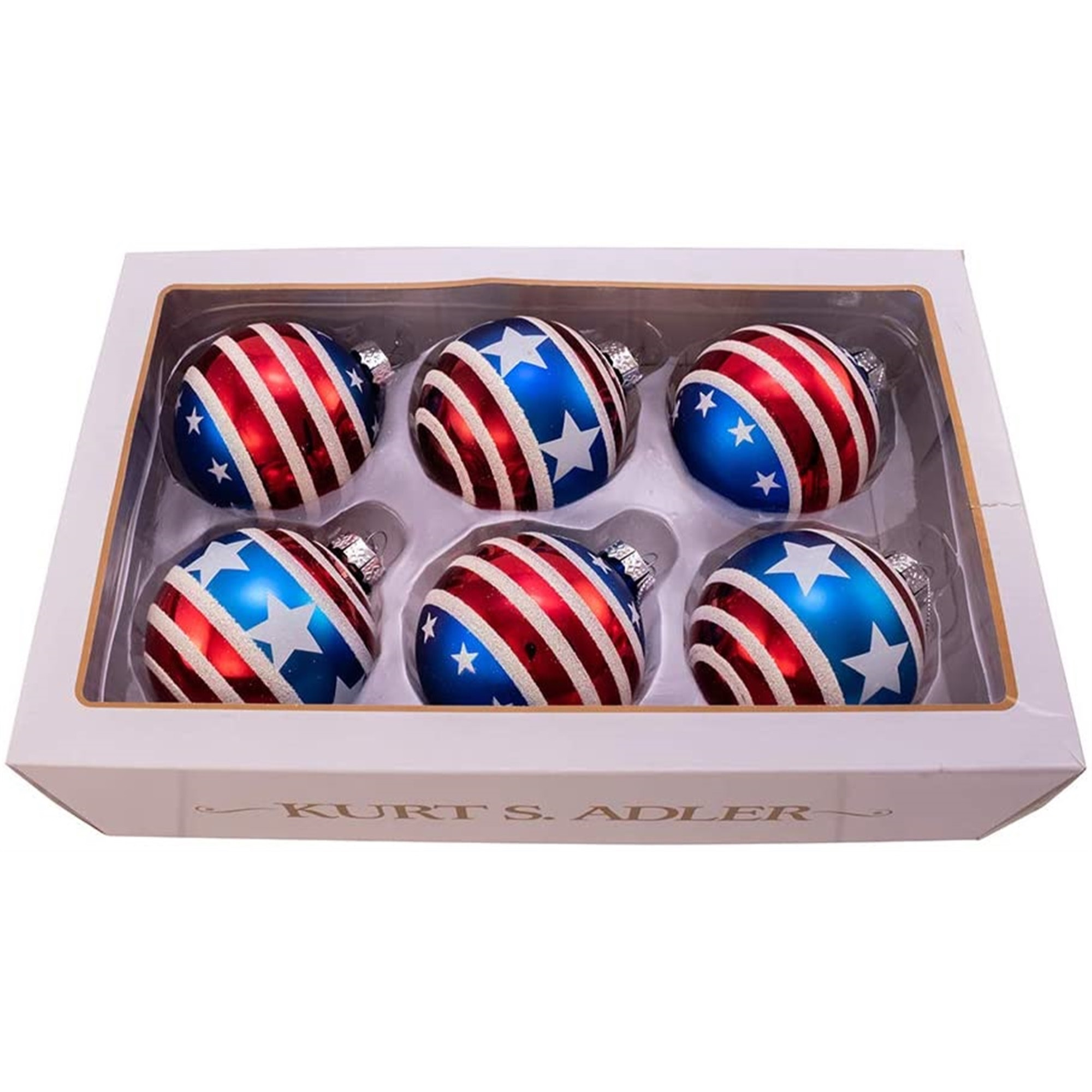 Kurt Adler Glass Ball Ornaments, Stars and Stripes, Red, White & Blue, 6-Piece Set