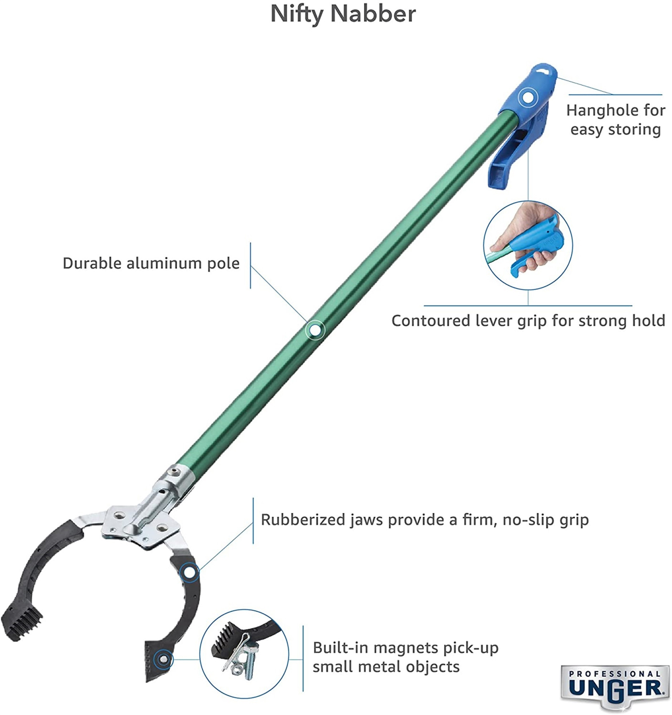 Unger Professional Nifty Nabber Reacher Grabber Tool – Built-In Magnet, 36"