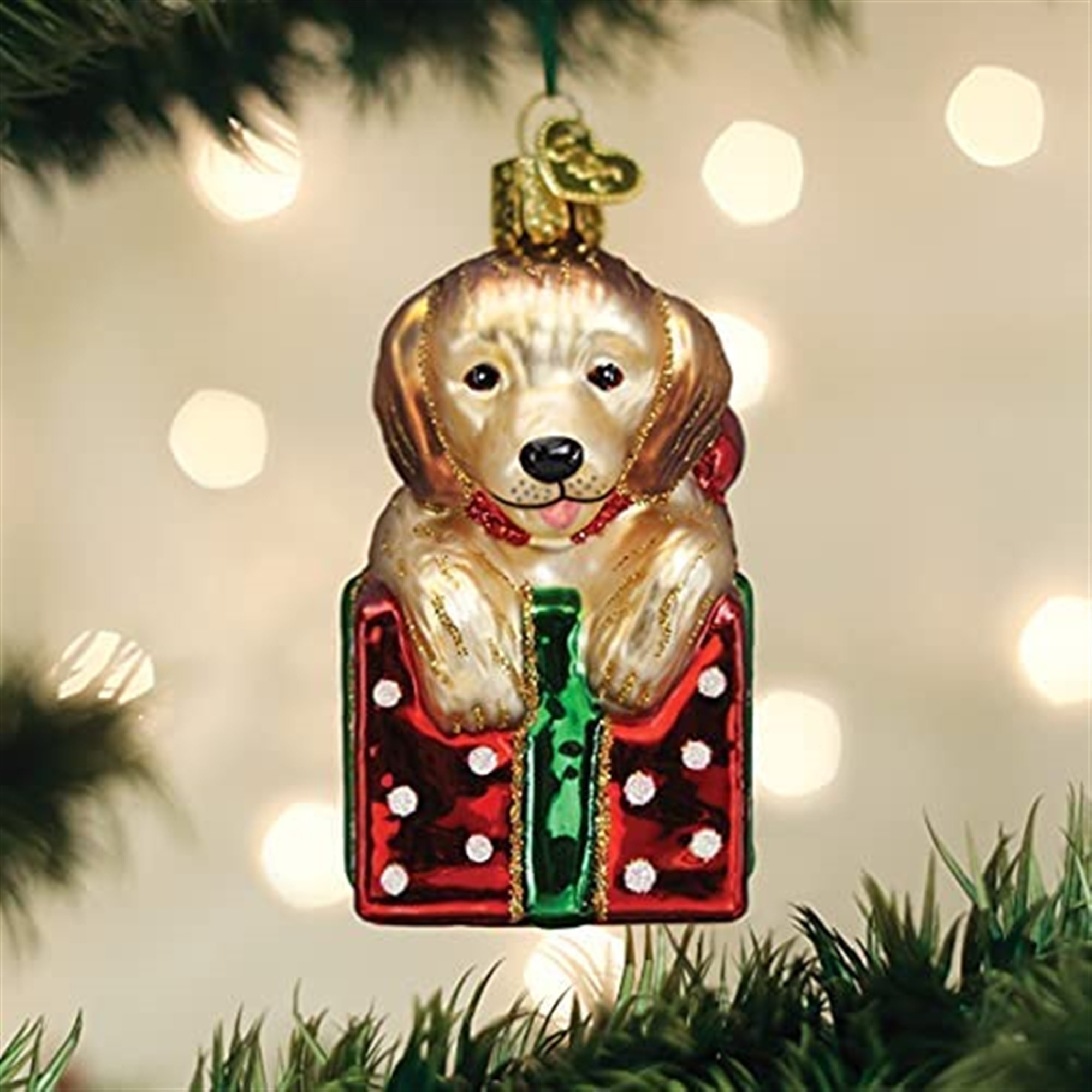 Old World Christmas Blown Glass Ornament for Christmas Tree, Golden Puppy Surprise