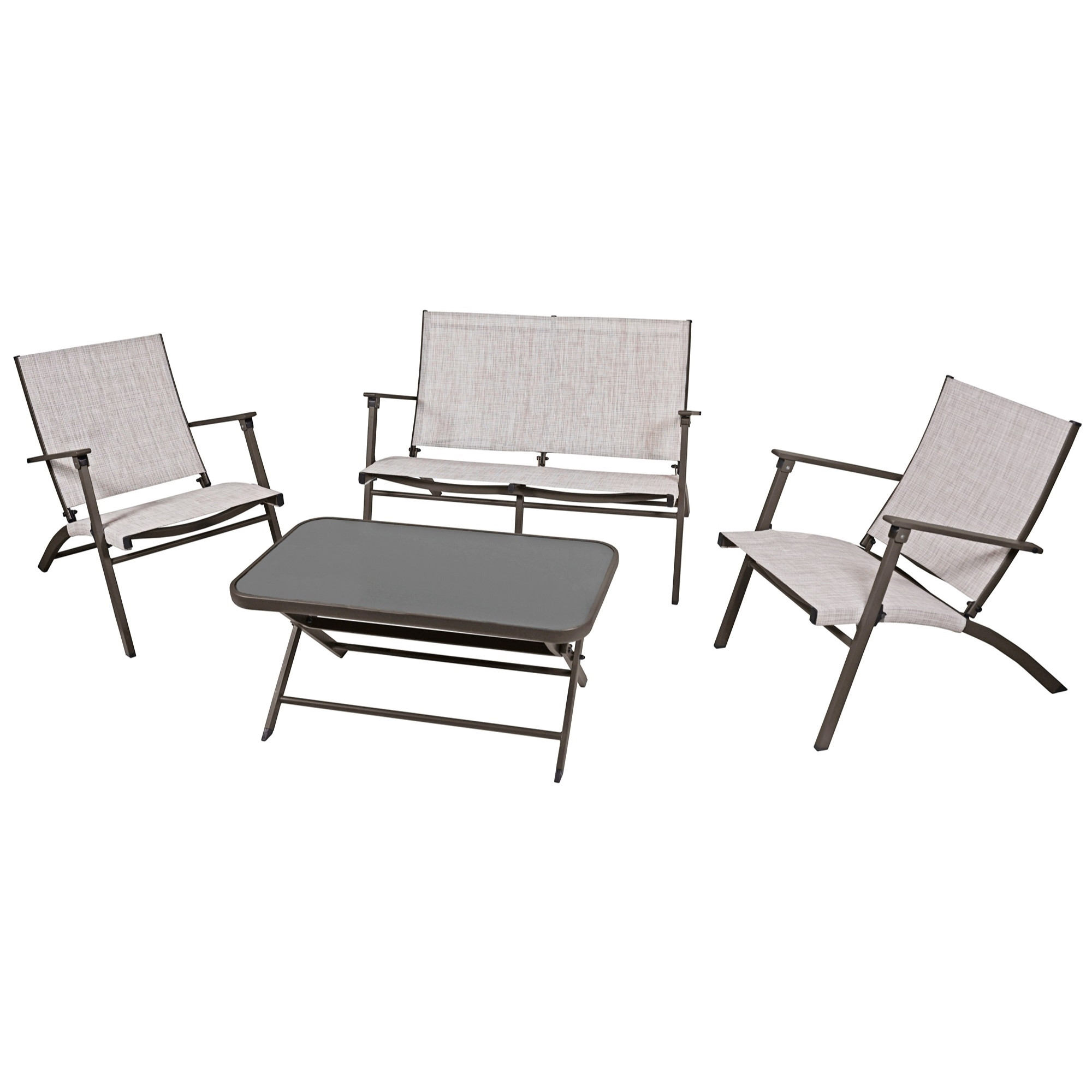Four Seasons Novara 4-Piece Steel Folding Patio Set – Glass Table, Loveseat & 2 Chairs, Espresso