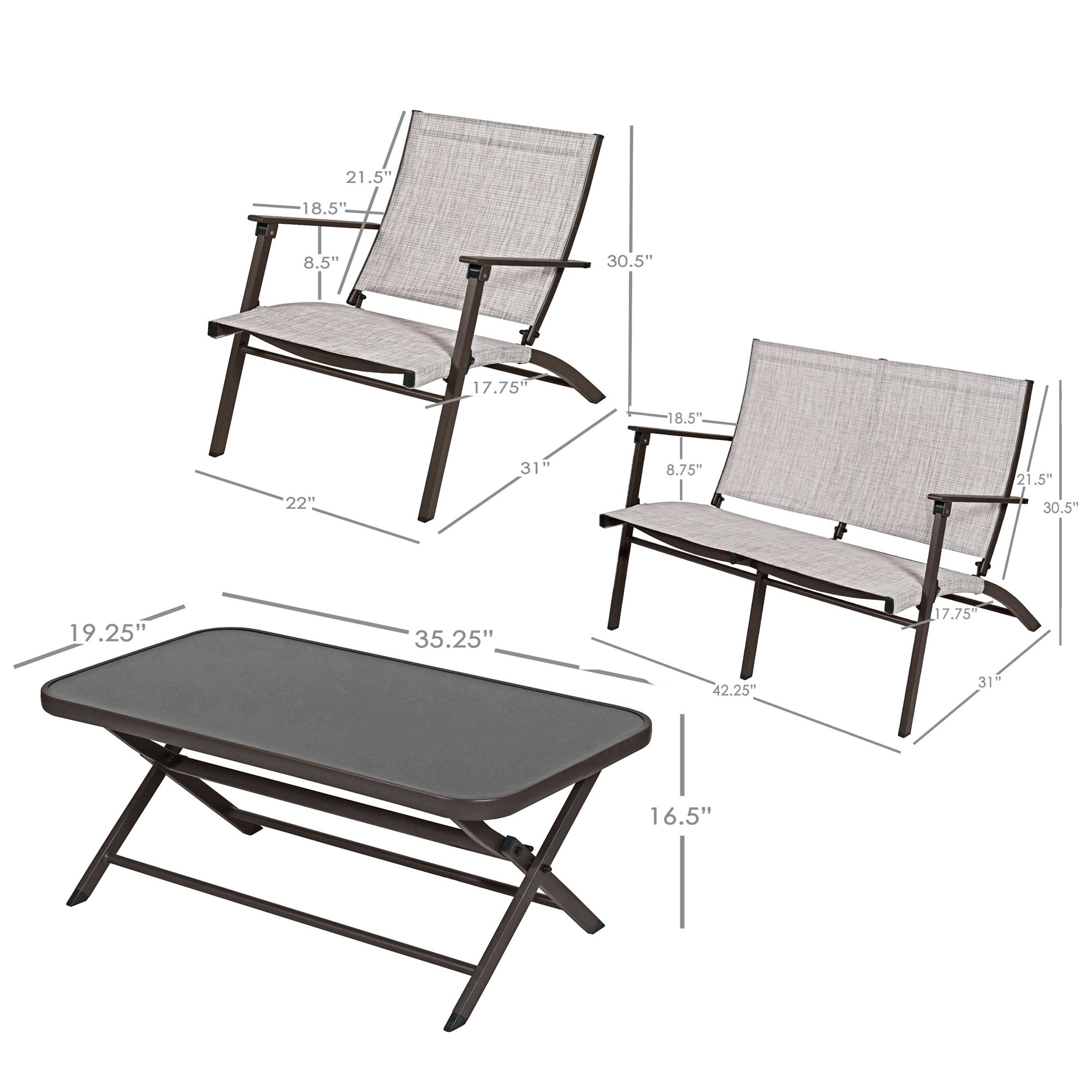 Four Seasons Novara 4-Piece Steel Folding Patio Set – Glass Table, Loveseat & 2 Chairs, Espresso