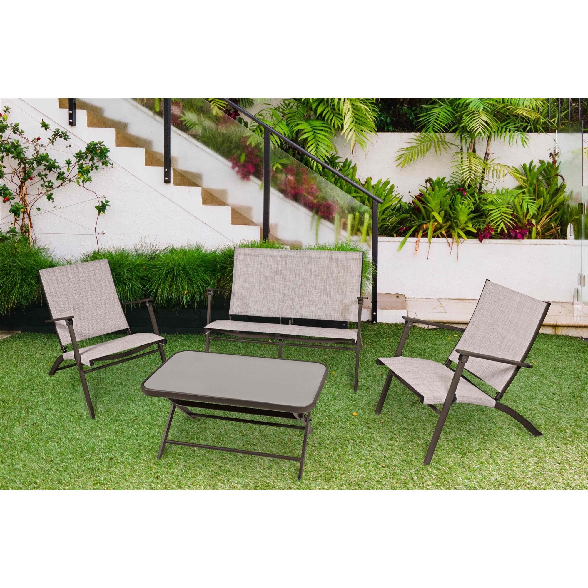 Four Seasons Novara 4-Piece Steel Folding Patio Set – Glass Table, Loveseat & 2 Chairs, Espresso
