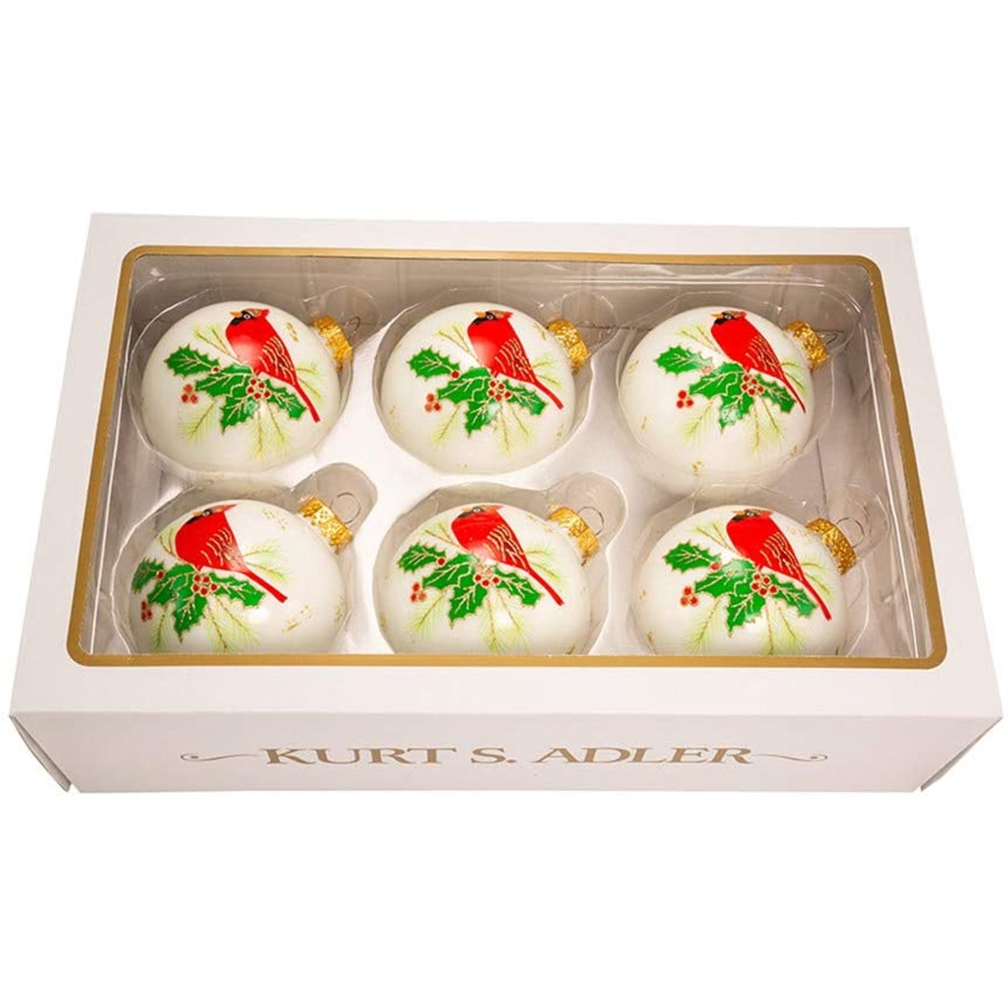 Kurt Adler Glass Ornament White with Cardinal, 6 Piece Set, 3"