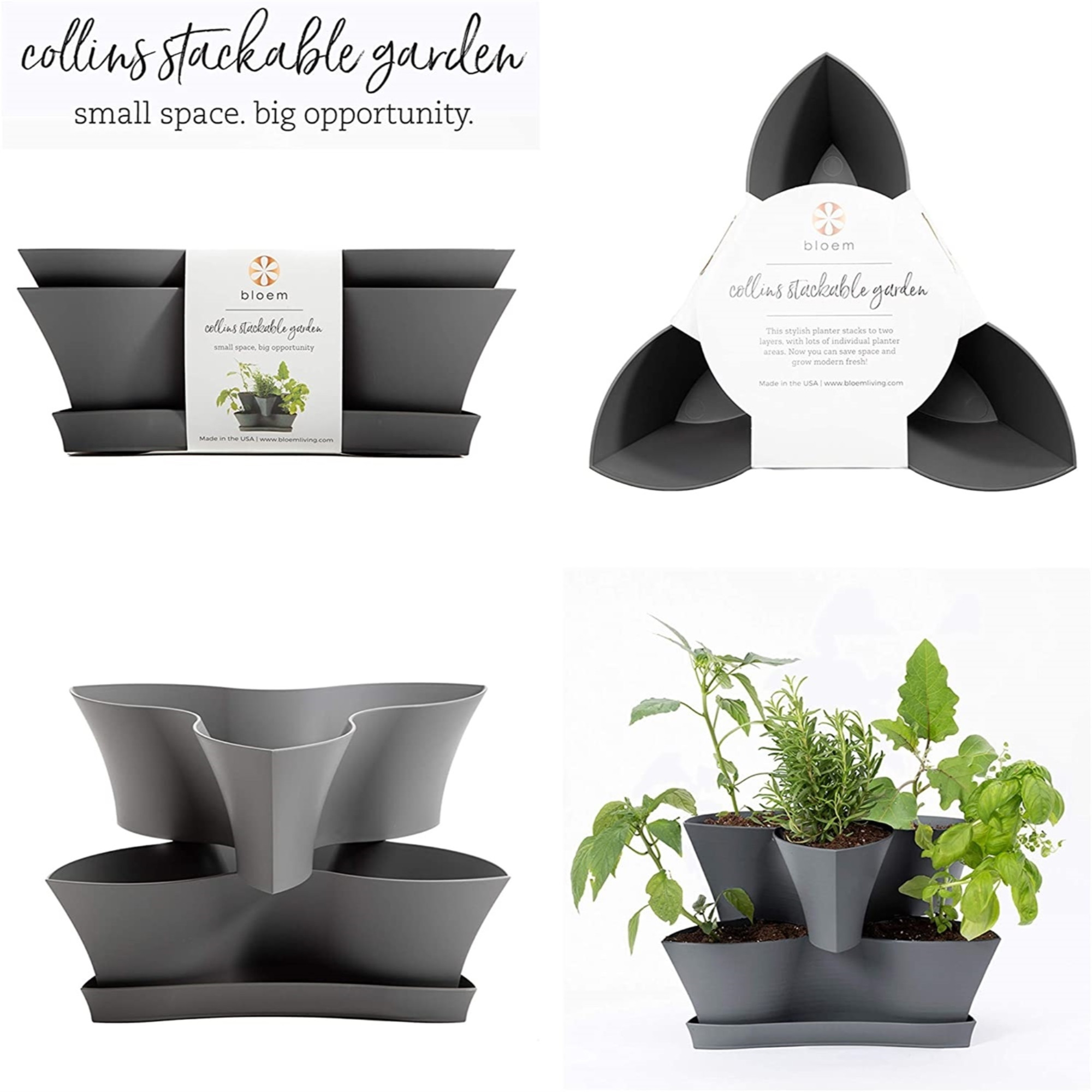 Bloem Collins Modular 2-Tier Multi-Level Vertical Herb Planter, Charcoal