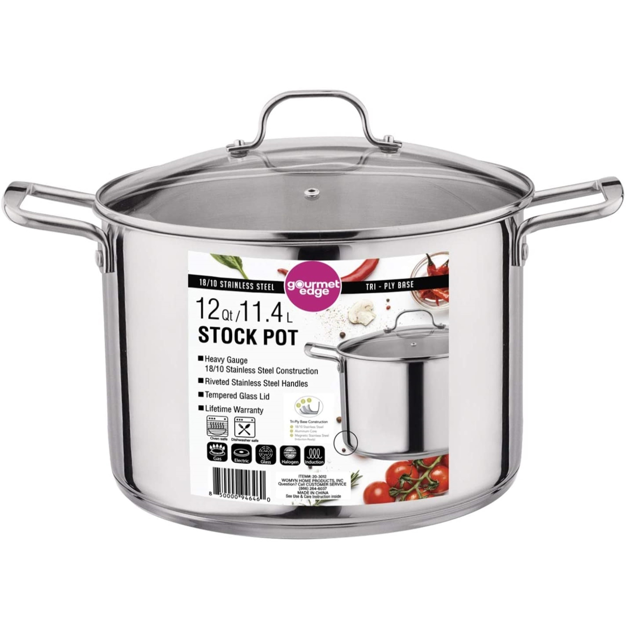 Gourmet Edge Stock Pot Stainless Steel Cooking Pot w/ Lid,  Silver, 12 Quarts