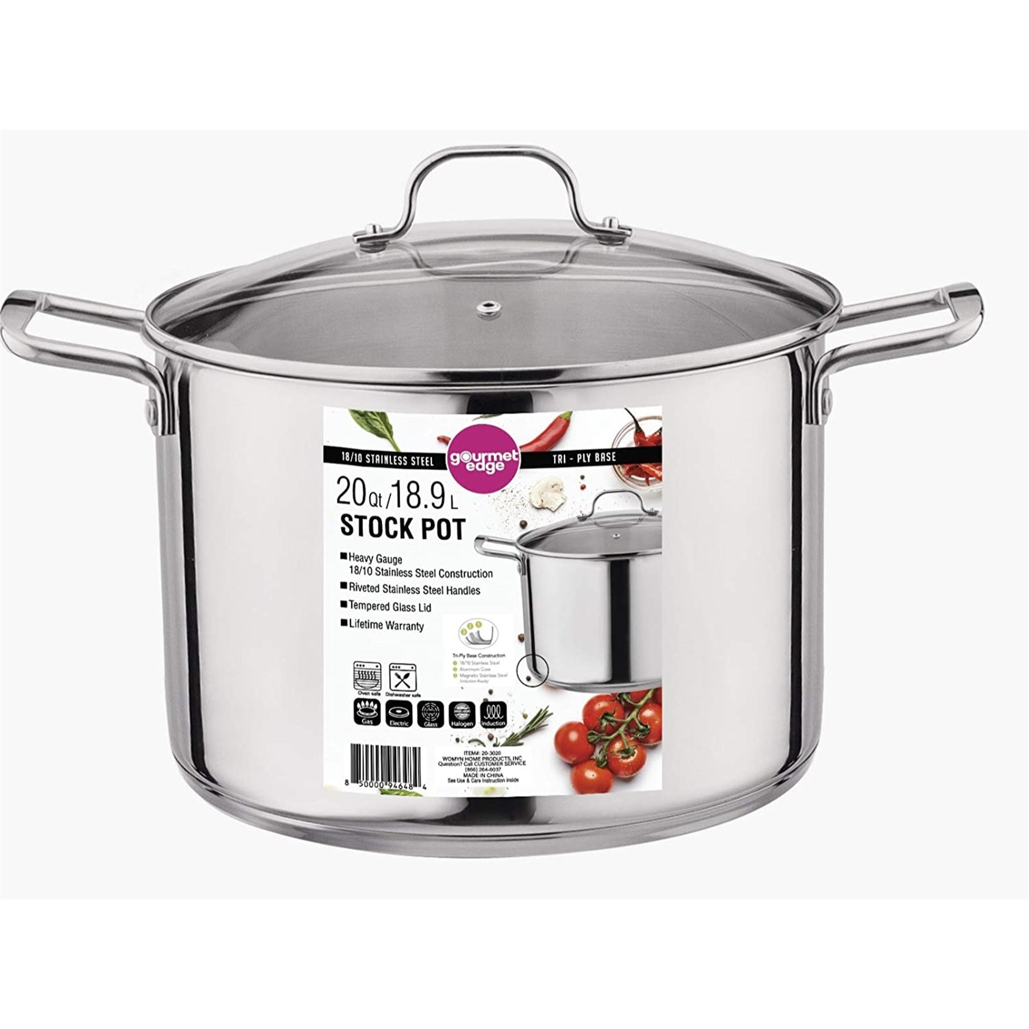 Gourmet Edge Stock Pot - Stainless Steel Cooking Pot with Lid, Silver- 20 Quart