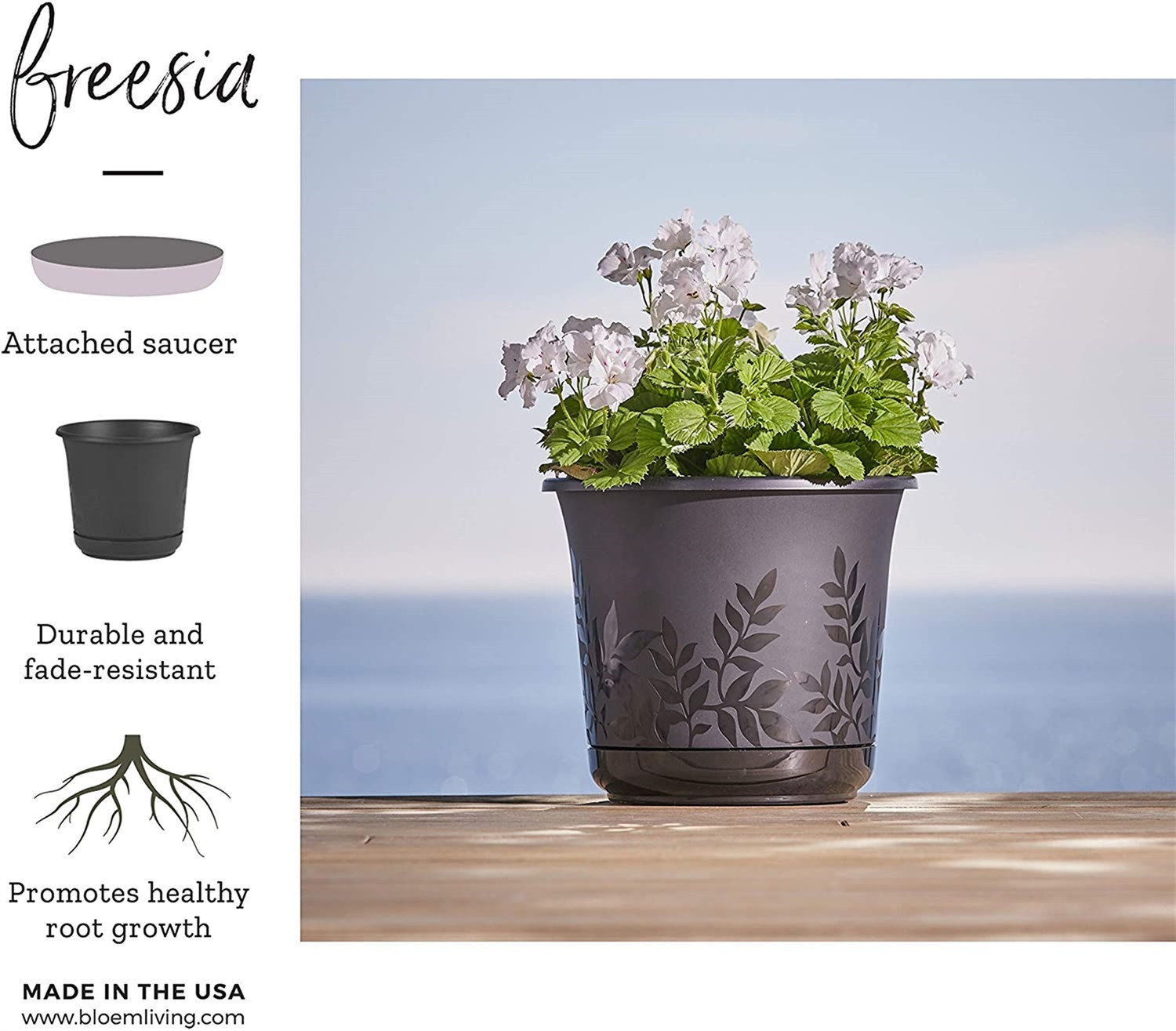 Bloem Fresia Indoor/Outdoor Flower Planter with Saucer, Black - 6"