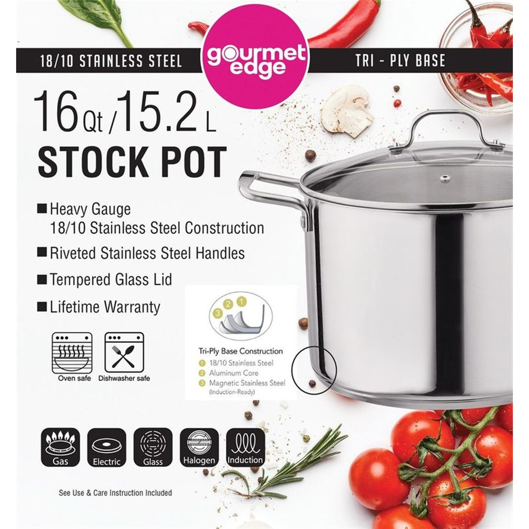 Gourmet Edge Stock Pot - Stainless Steel Cooking Pot with Lid, Silver- 16-Quart