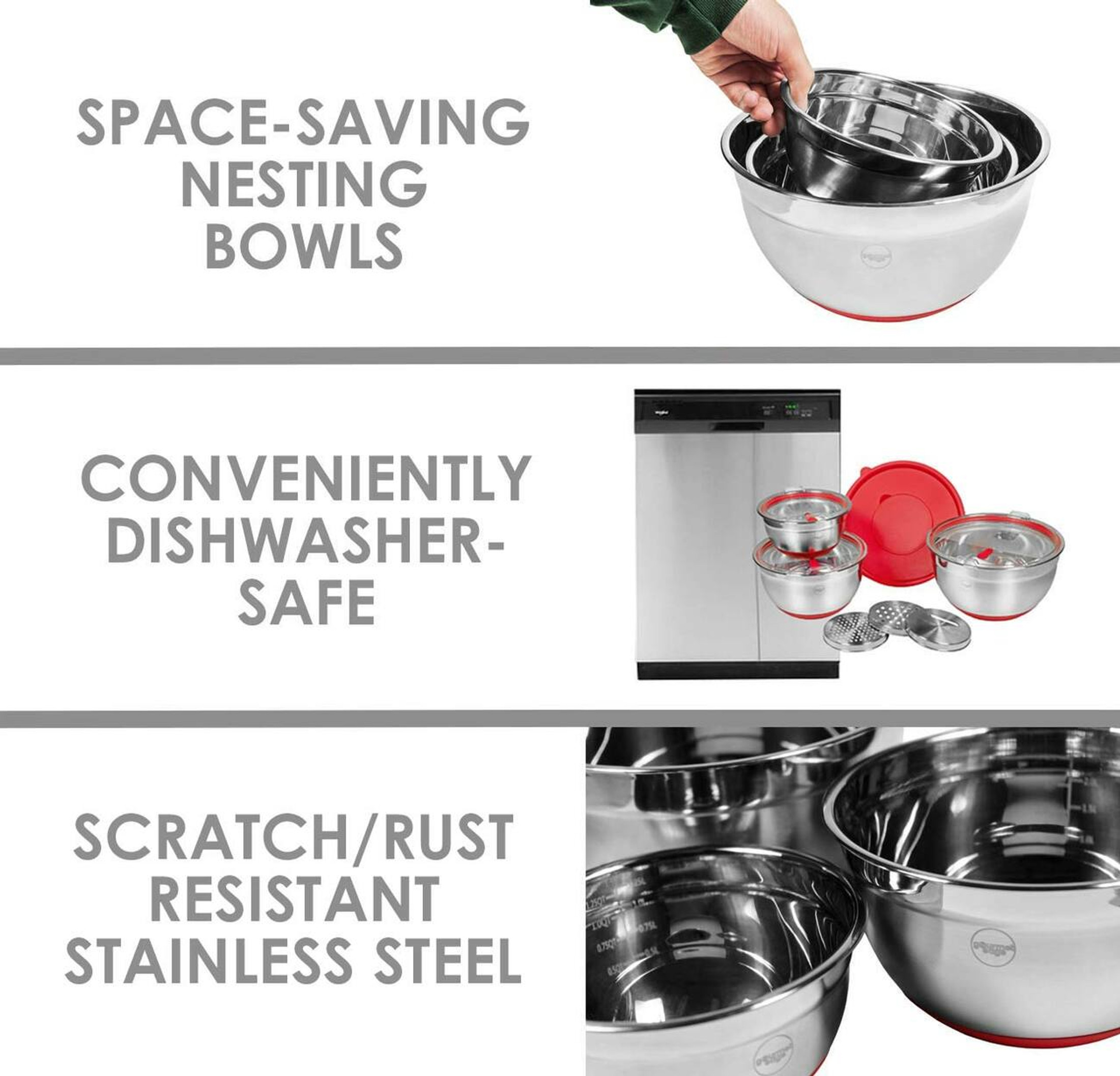 Gourmet Edge Stainless Steel Mixing Bowl Set For Baking, Cooking In Home Kitchen (10 Piece)