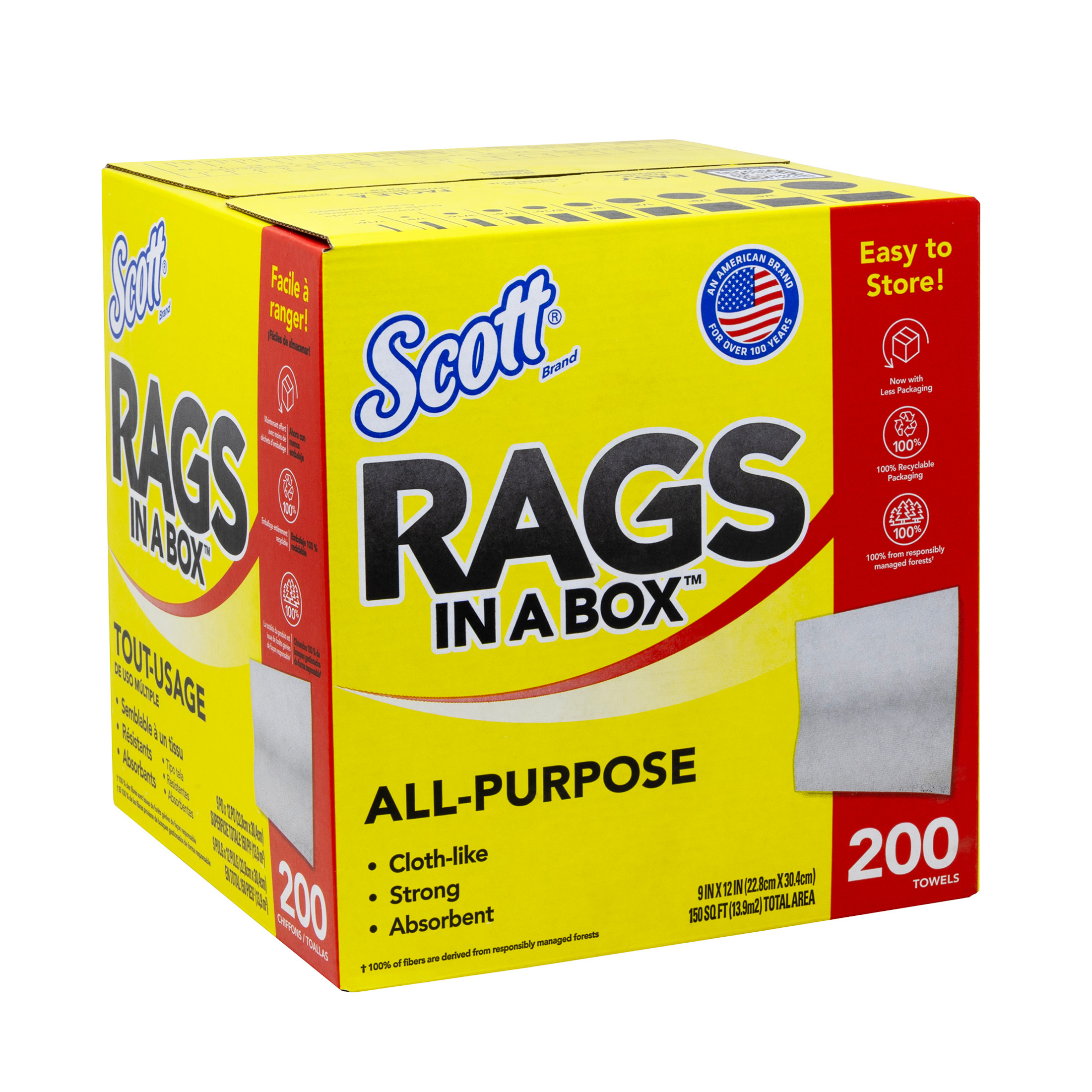 Scott Rags In A Box All-Purpose Shop Towels for Heavy-Duty Cleaning, 1 Box (200 Towels)