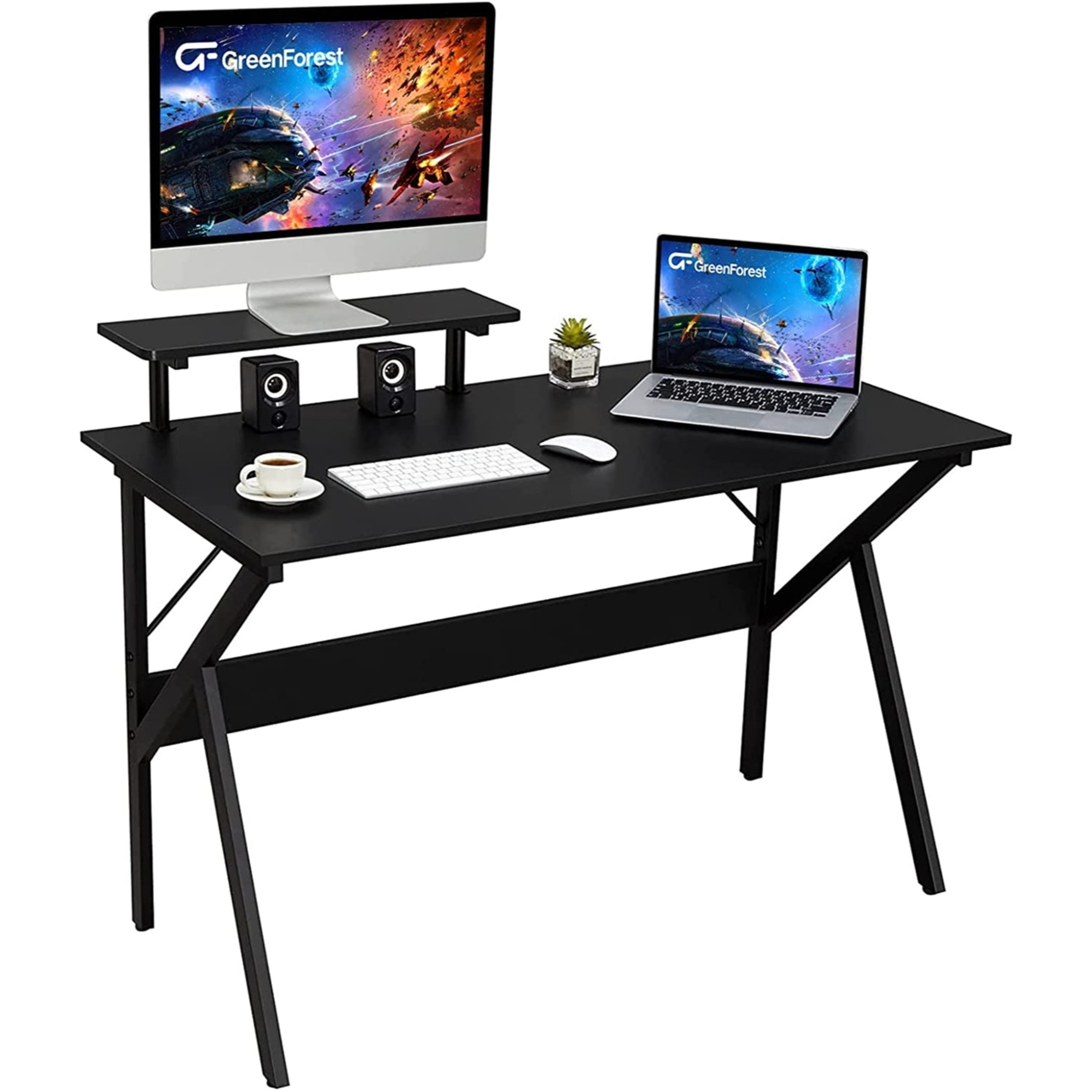 Greenforest Home Office Desk W/ Monitor Shelf, Computer/Gaming Desk, Black, 47"