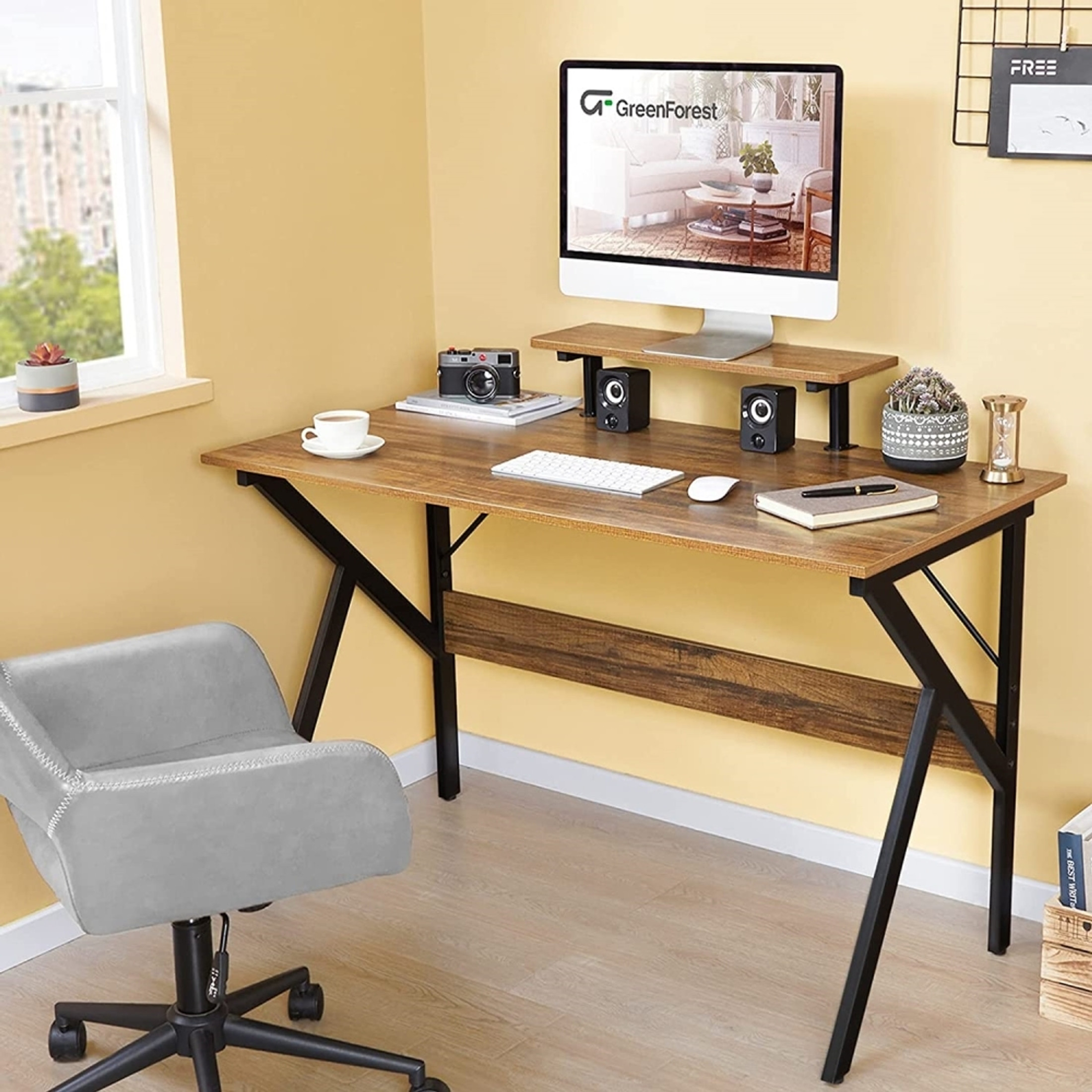 Greenforest Home Office Desk W/ Monitor Shelf, Computer/Gaming Desk, Walnut, 47"
