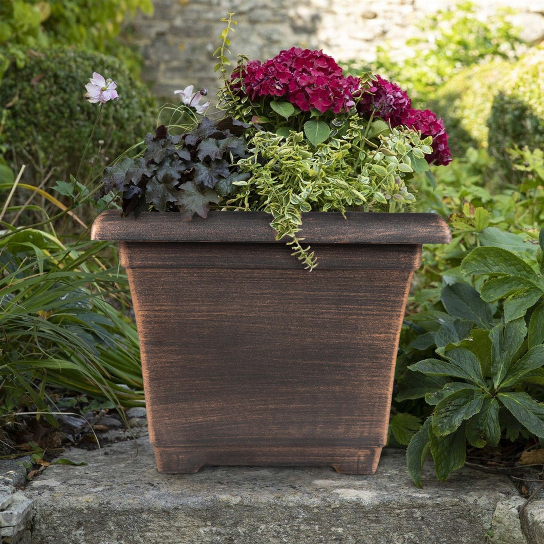 Garden Elements Indoor/Outdoor Outdoor Large Square Plastic Planter, Bronze, 14"