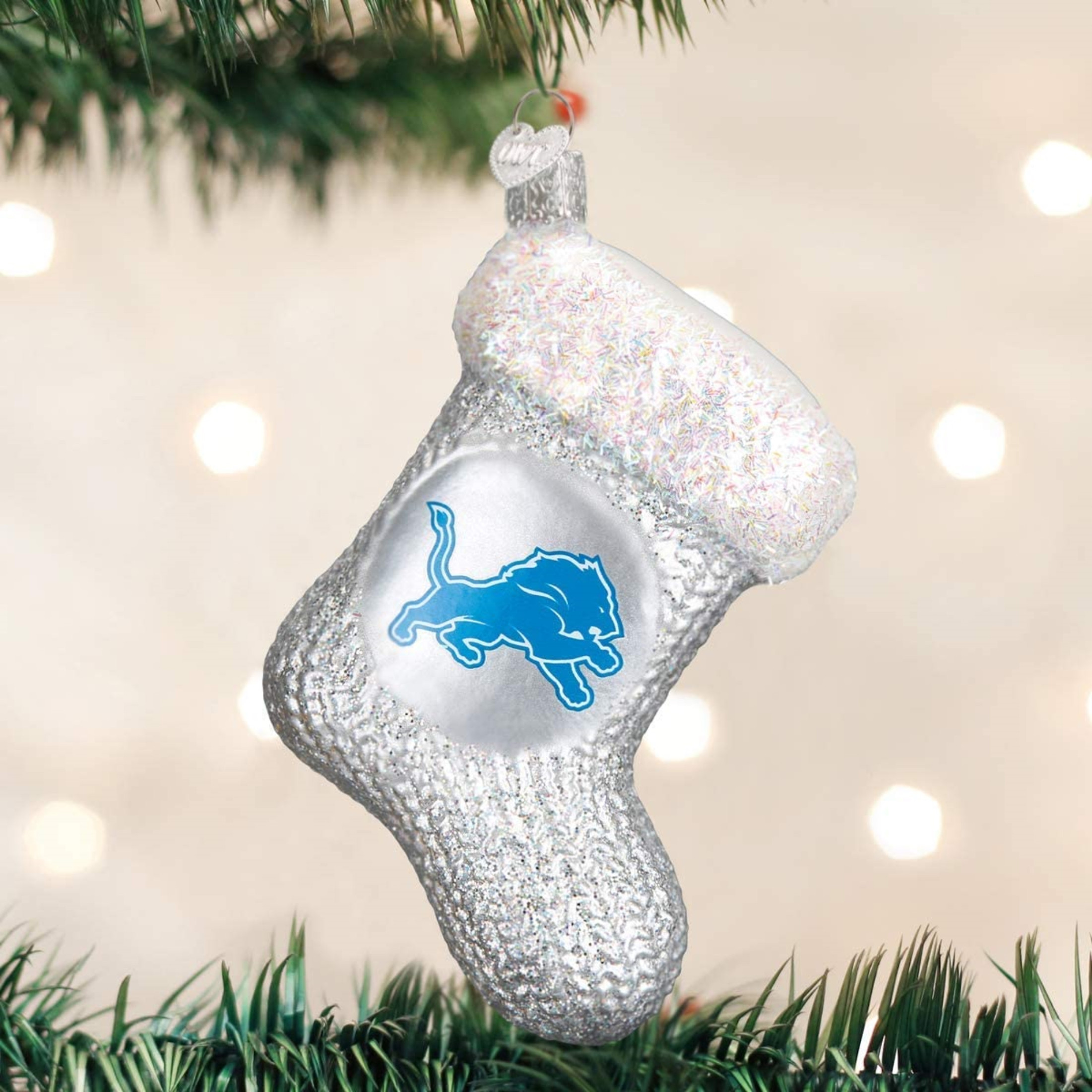 Old World Christmas Glass Blown Ornament For Christmas Tree, Detroit Lions Stocking (With OWC Gift Box)