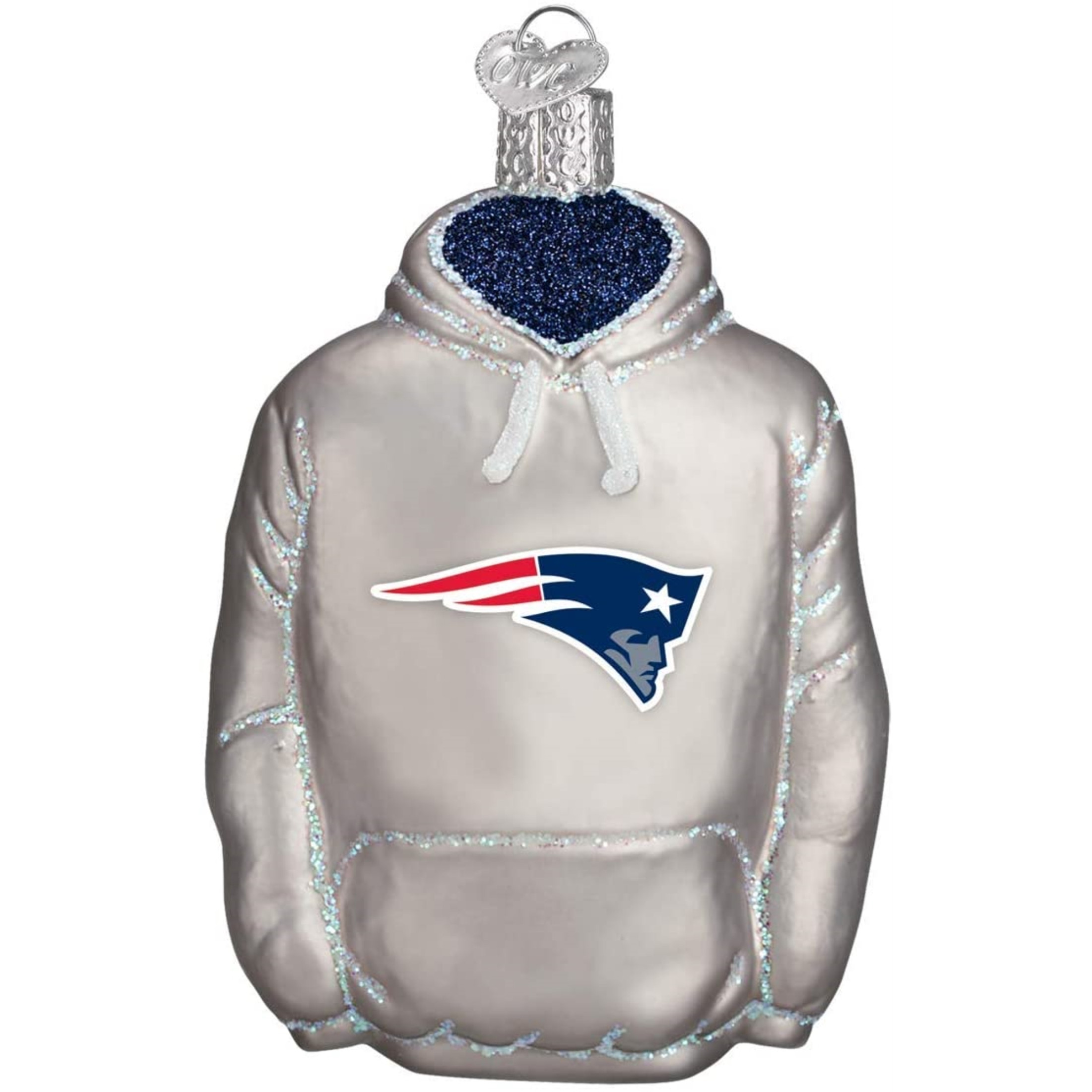 Old World Christmas Glass Blown Ornament For Christmas Tree, New England Patriots Hoodie (With OWC Gift Box)