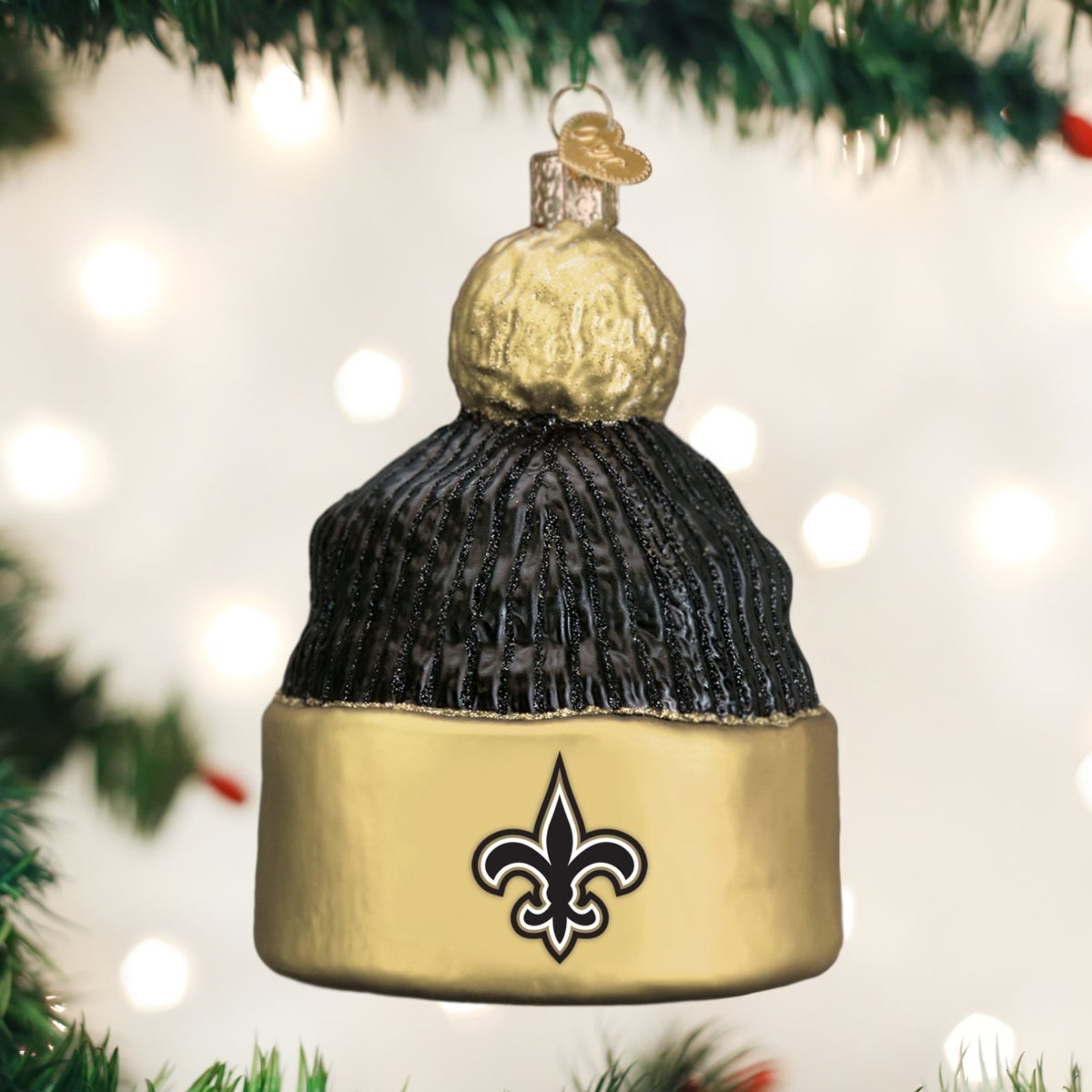 Old World Christmas Glass Blown Ornament For Christmas Tree, New Orleans Saints Beanie (With OWC Gift Box)