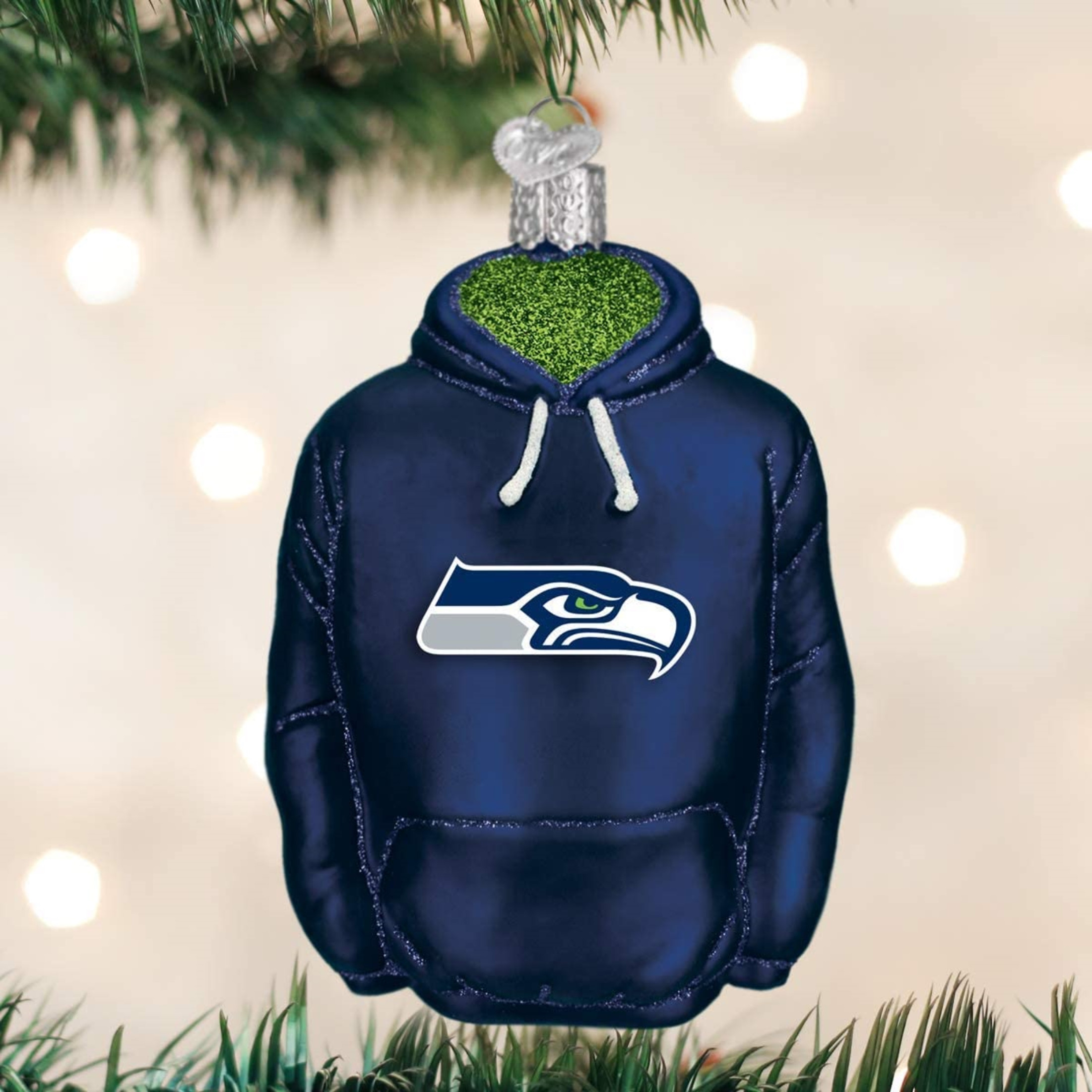 Old World Christmas Glass Blown Ornament, Seattle Seahawks Hoodie (With OWC Gift Box)