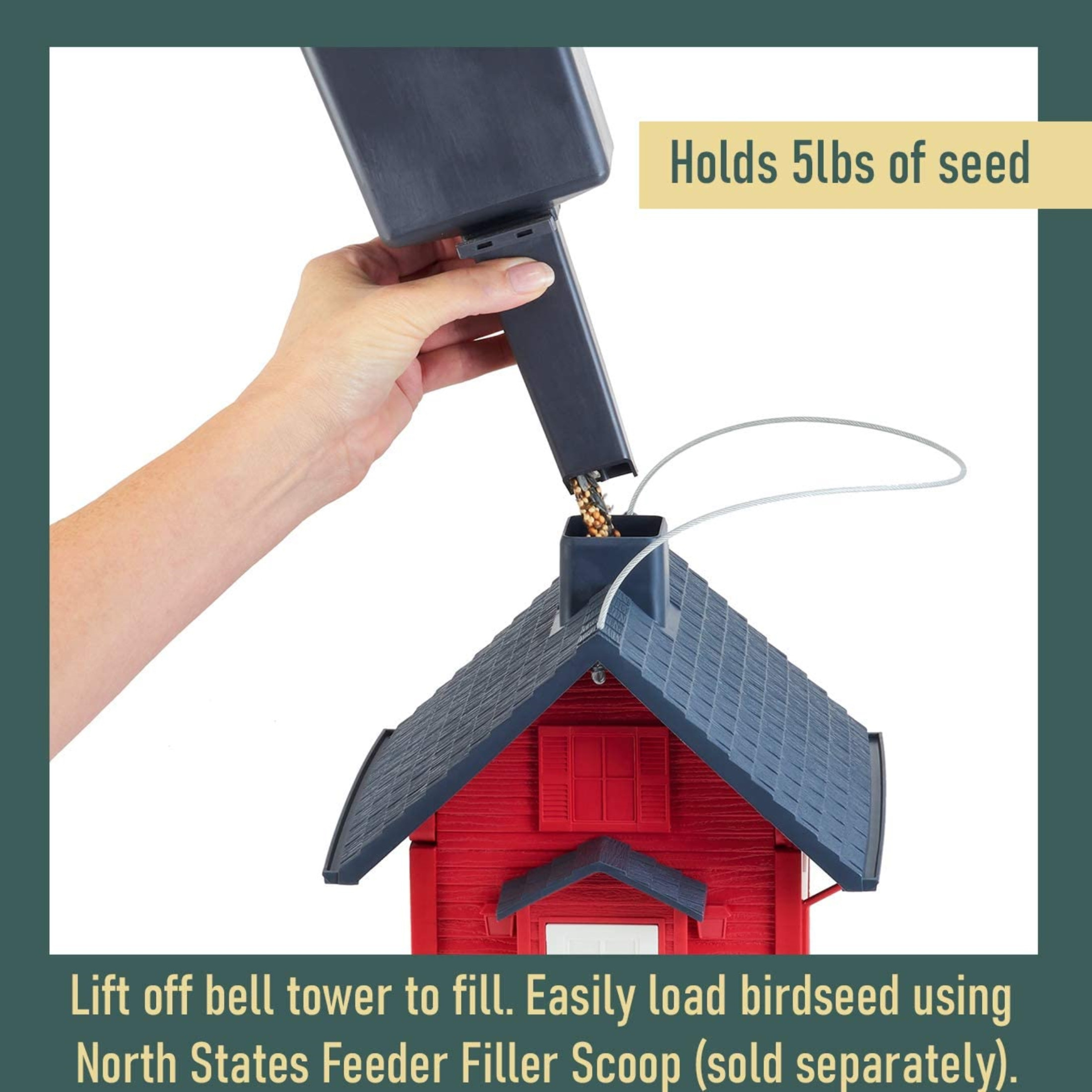 North States Village Collection School House Birdfeeder: Easy Fill and Clean. Squirrel Proof Hanging Cable included, or Pole Mount (pole sold separately). Large, 5 pound Seed Capacity (9.5 x 10.25 x 13.25, Red)