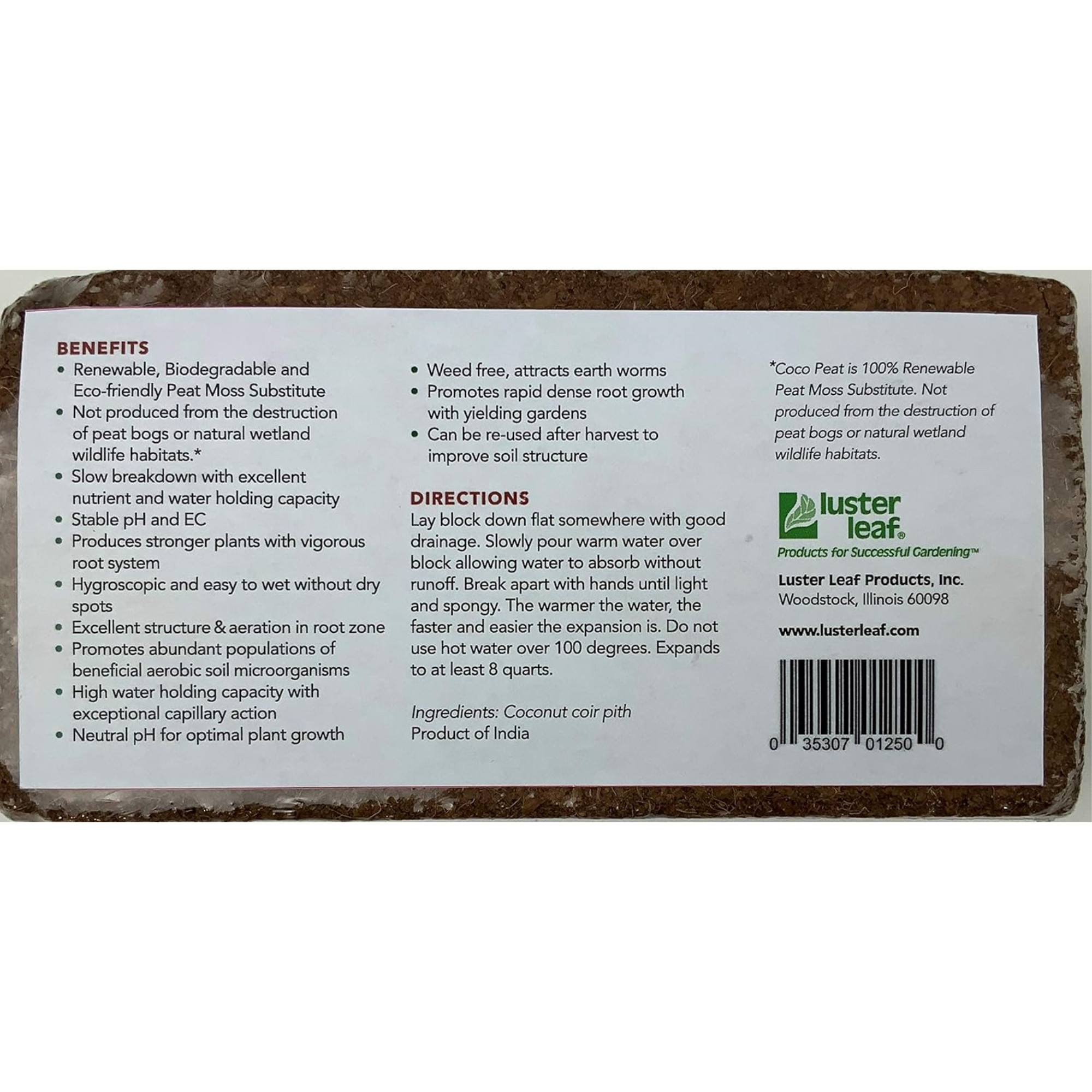 Garden Dreams by Luster Leaf Coco Coir Growing Medium Brick, 1.4#