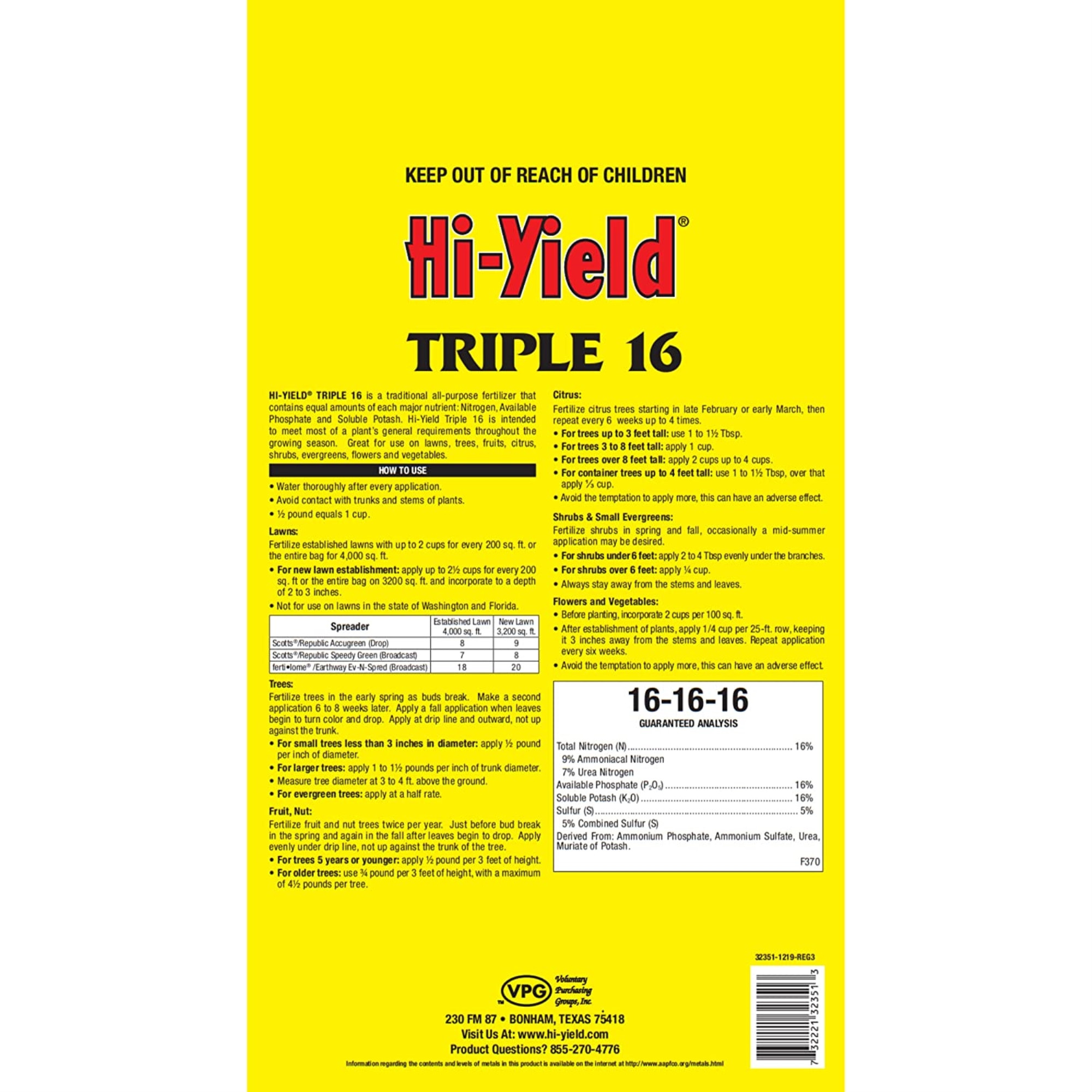 VPG Hi-Yield Triple 16 All-Purpose Fertilizers, 16-16-16, 20# bag
