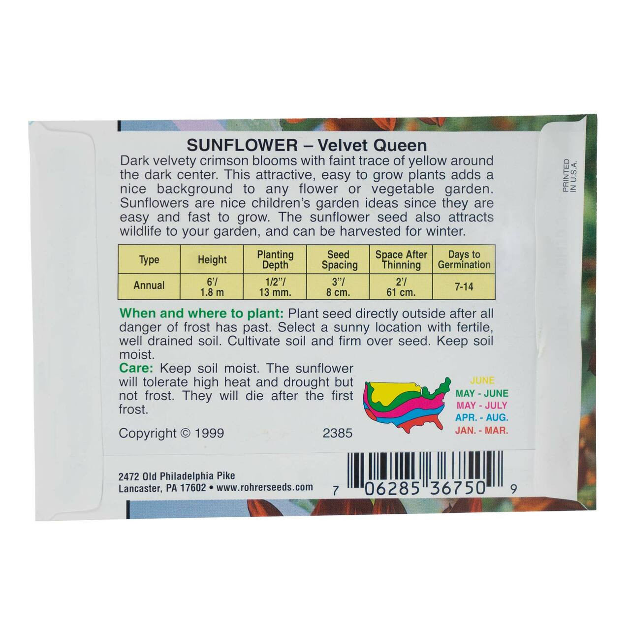 Rohrer's Seed Sunflower Non-GMO Velvet Queen Seeds, 2 Gram Packet