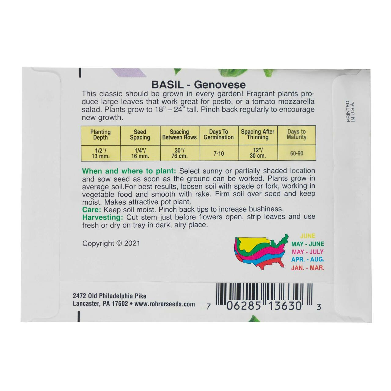 Rohrer's Seed Basil Non-GMO Genovese Seeds, .5 Gram Packet
