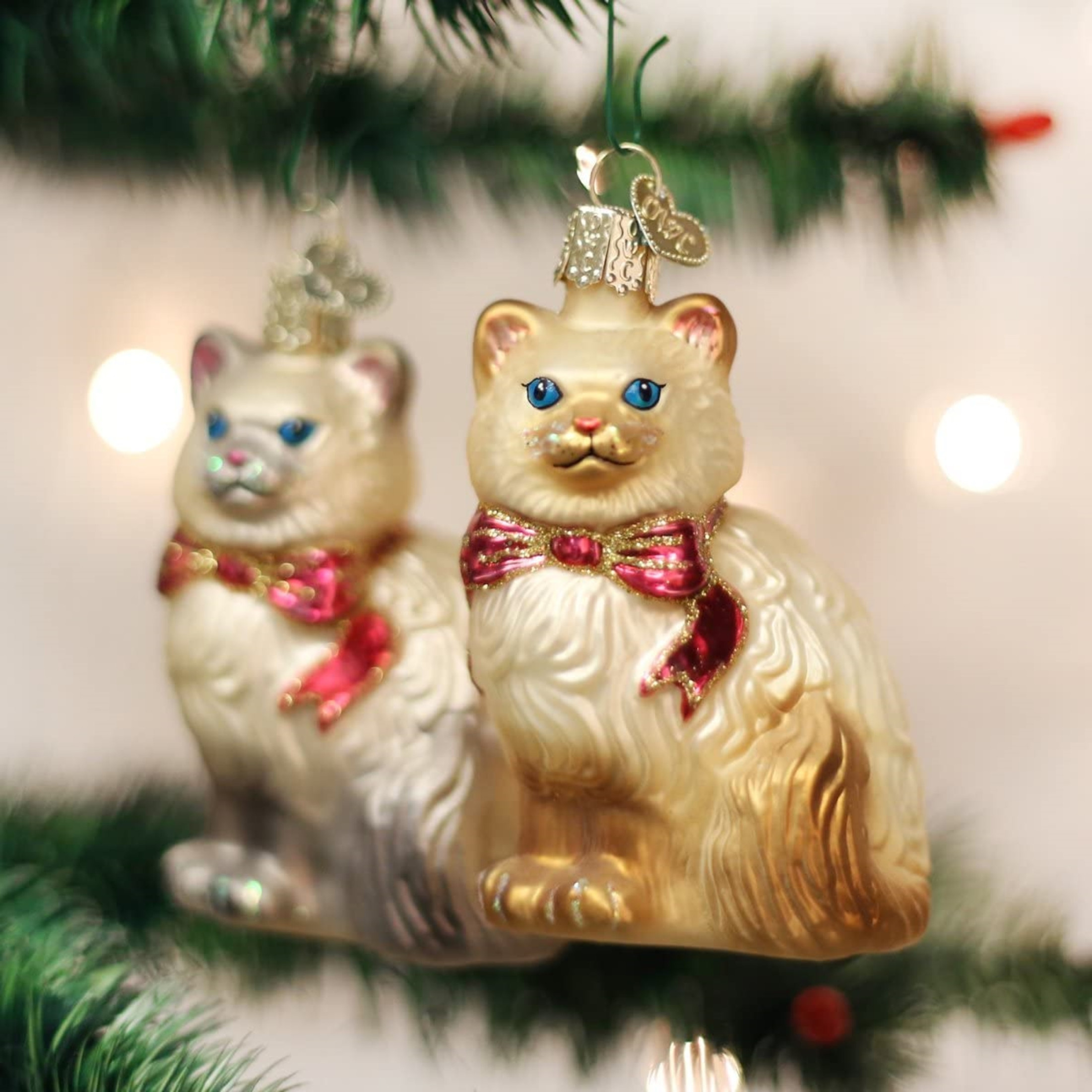 Old World Christmas Glass Blown Ornament with OWC Gift Box, Himalayan Kitty (Set of 2)