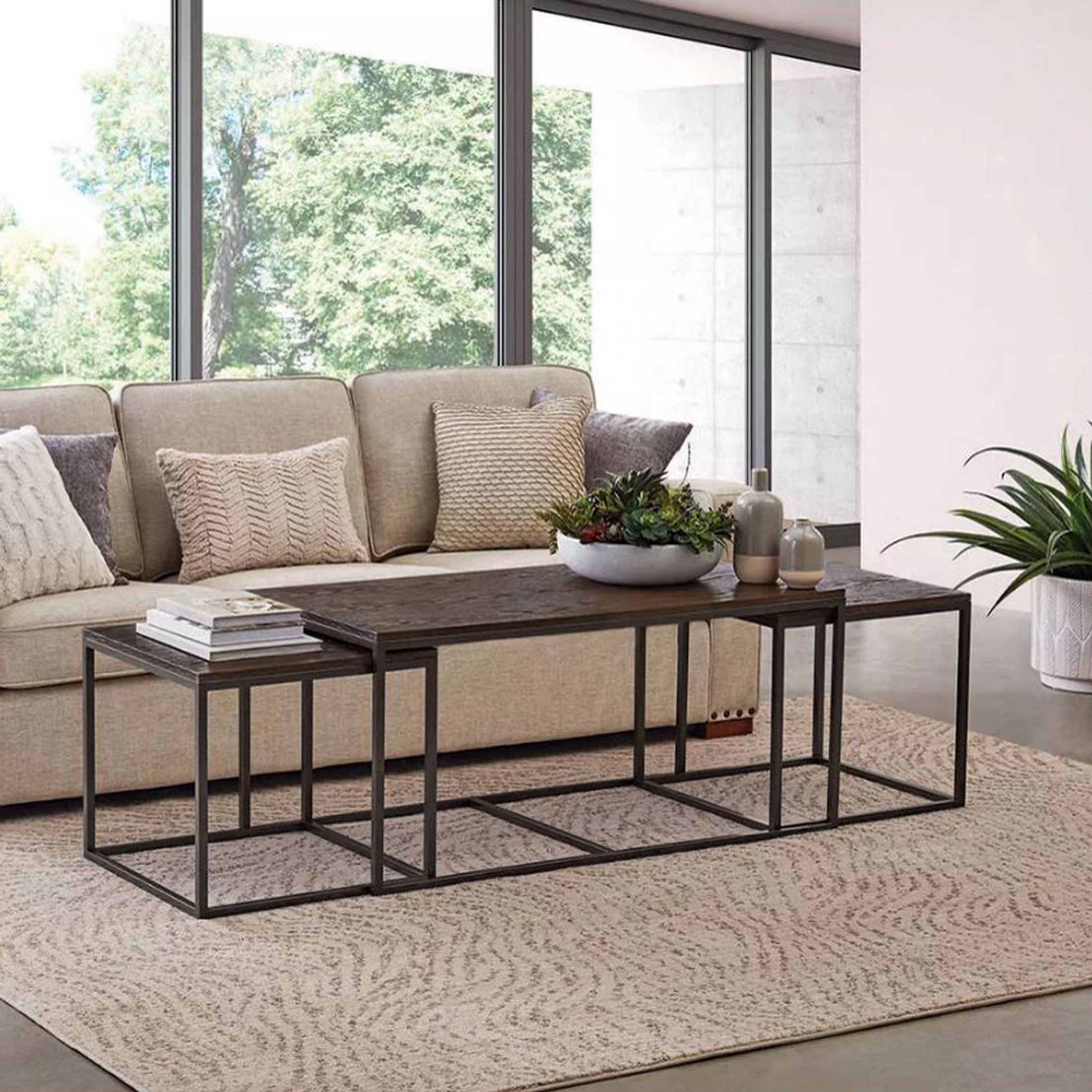 Interior Elements Steel Indoor Nesting Modern Coffee Table, Set of 3 For Living Room, Brown, 48"