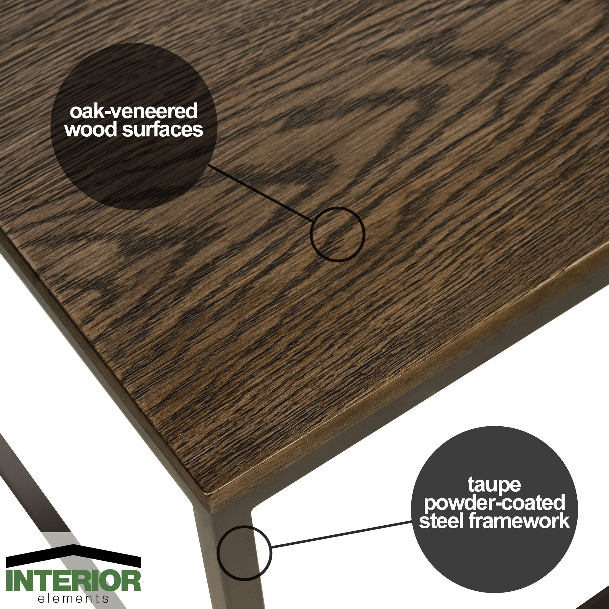 Interior Elements Nesting Coffee Table Set – 3-Piece Modern Steel Tables for Living Room, Brown, 48"