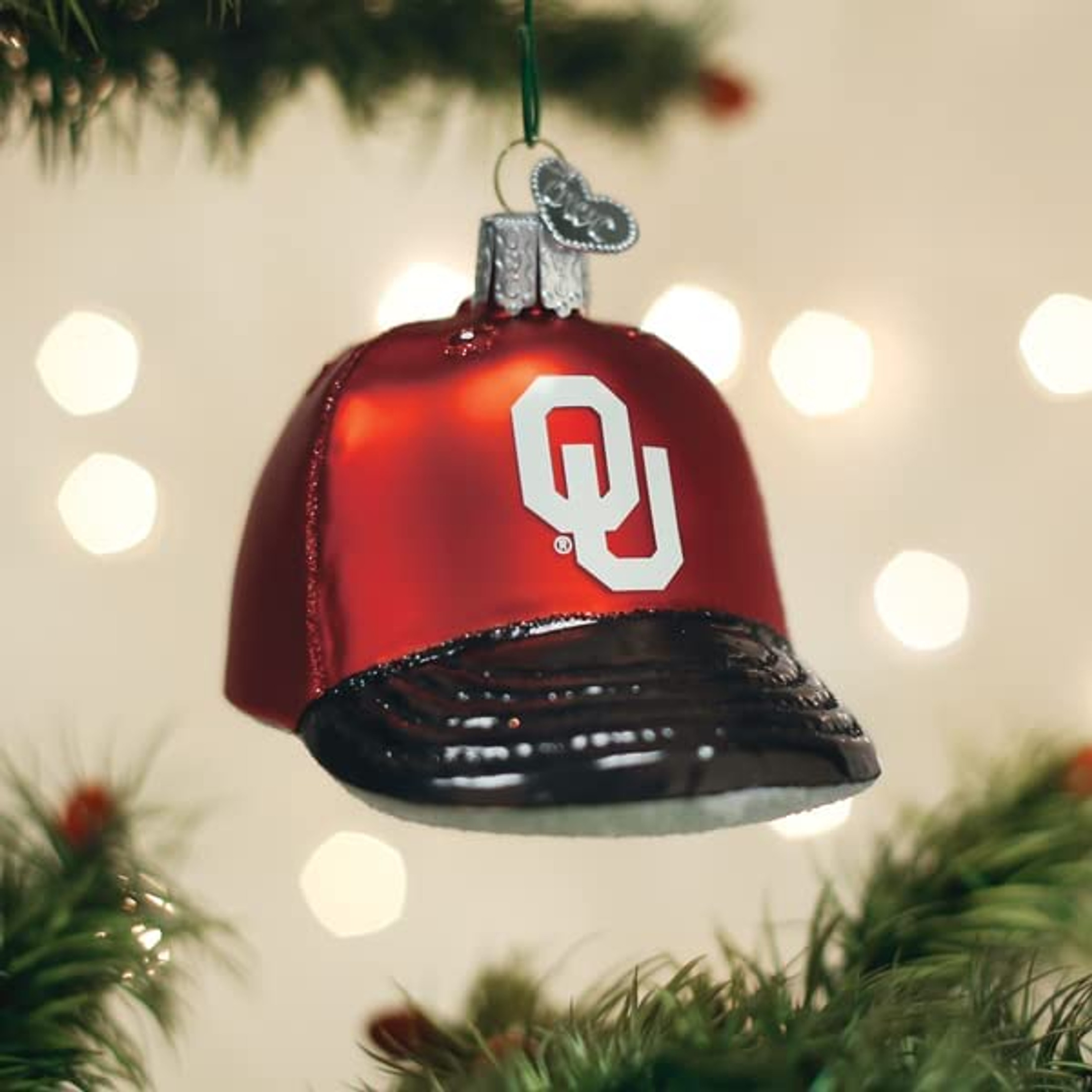 Old World Christmas Glass Blown Tree Ornament, Oklahoma Sooners Baseball Cap (With OWC Gift Box)