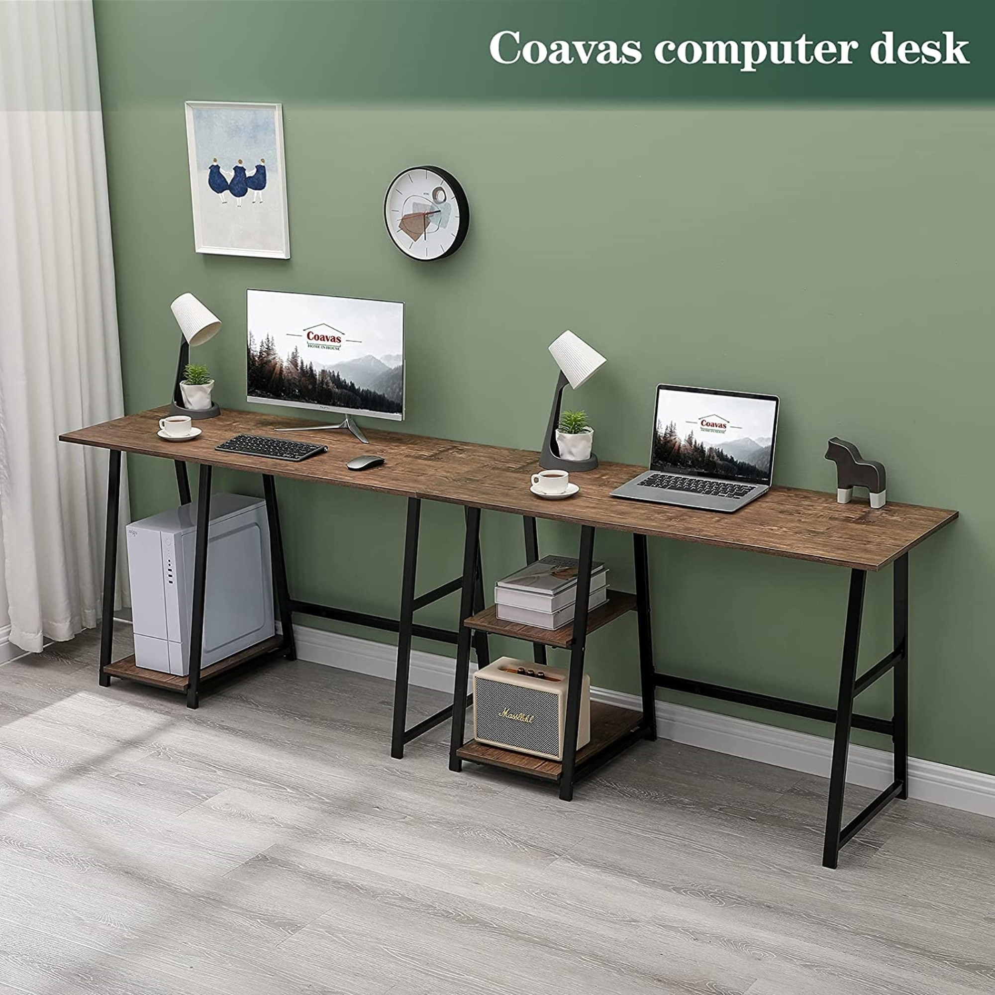Coavas Computer Desk with 2-Tier Shelves Sturdy Home Office Desk with Large Storage Space Work Desk Study Table, Walnut, 47"