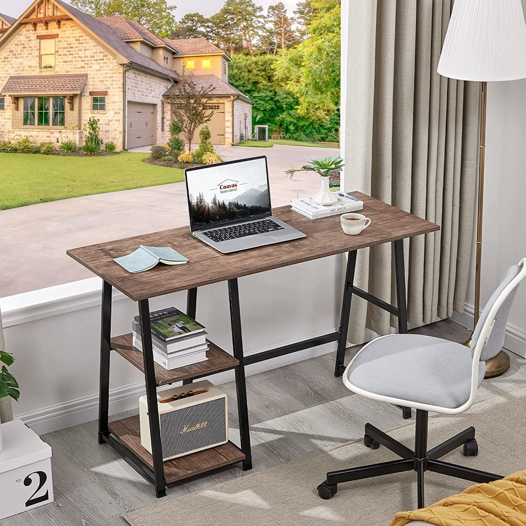 Coavas Computer Desk with 2-Tier Shelves Sturdy Home Office Desk with Large Storage Space Work Desk Study Table, Walnut, 47"