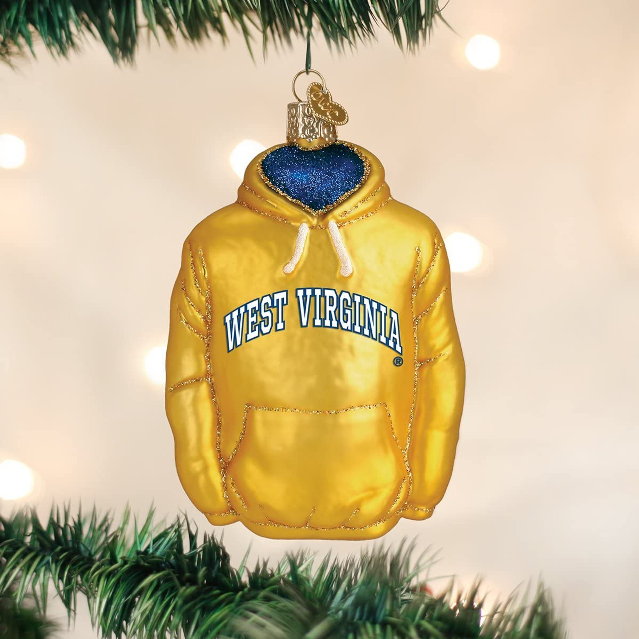 Old World Christmas Glass Blown Tree Ornament, West Virginia University Hoodie (With OWC Gift Box)