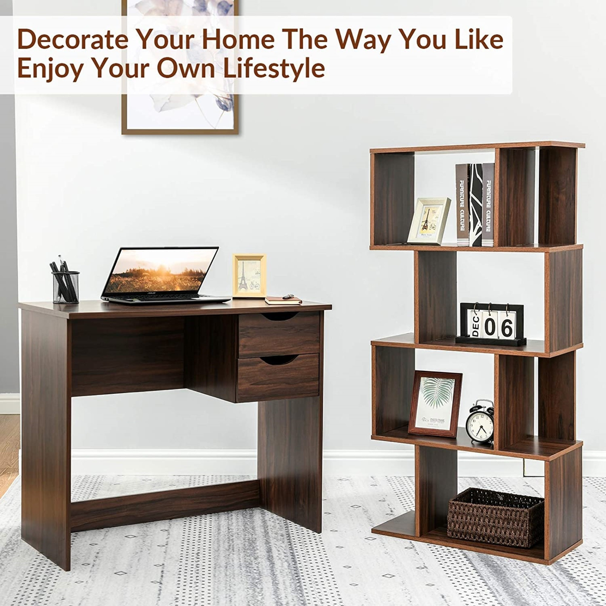 Coavas Brown Computer Desk Writing Study Table with 2 Side Drawers Classic Home Office Laptop Desk Brown Wood Notebook Table (35 x 18 x 29 Inches)