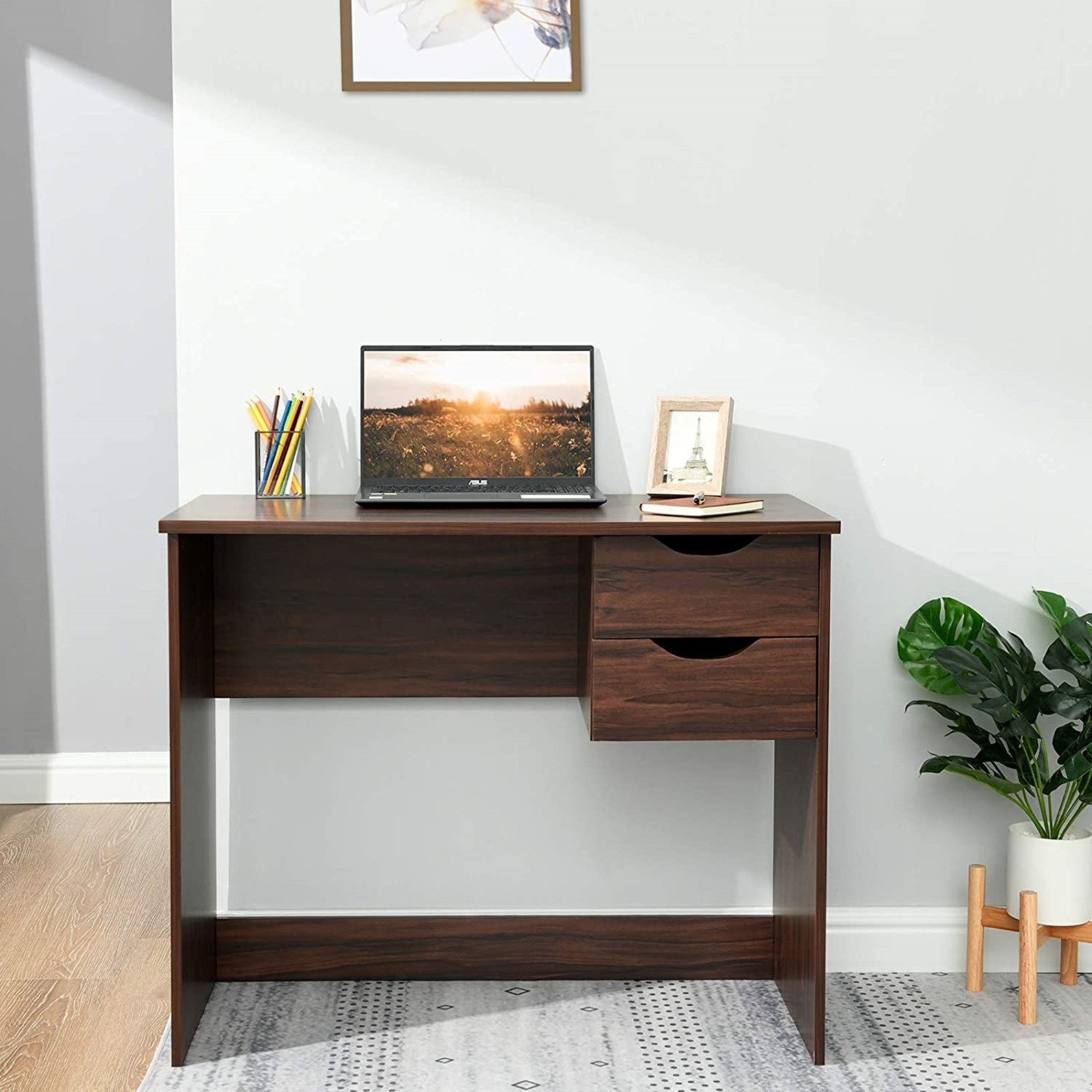 Coavas Brown Computer Desk Writing Study Table with 2 Side Drawers Classic Home Office Laptop Desk Brown Wood Notebook Table (35 x 18 x 29 Inches)