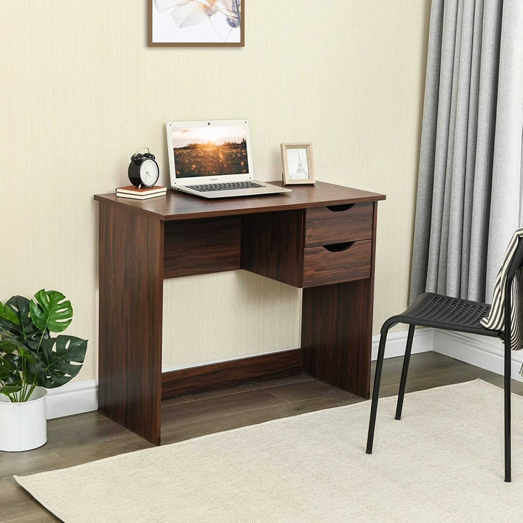 Coavas Brown Computer Desk Writing Study Table with 2 Side Drawers Classic Home Office Laptop Desk Brown Wood Notebook Table (35 x 18 x 29 Inches)