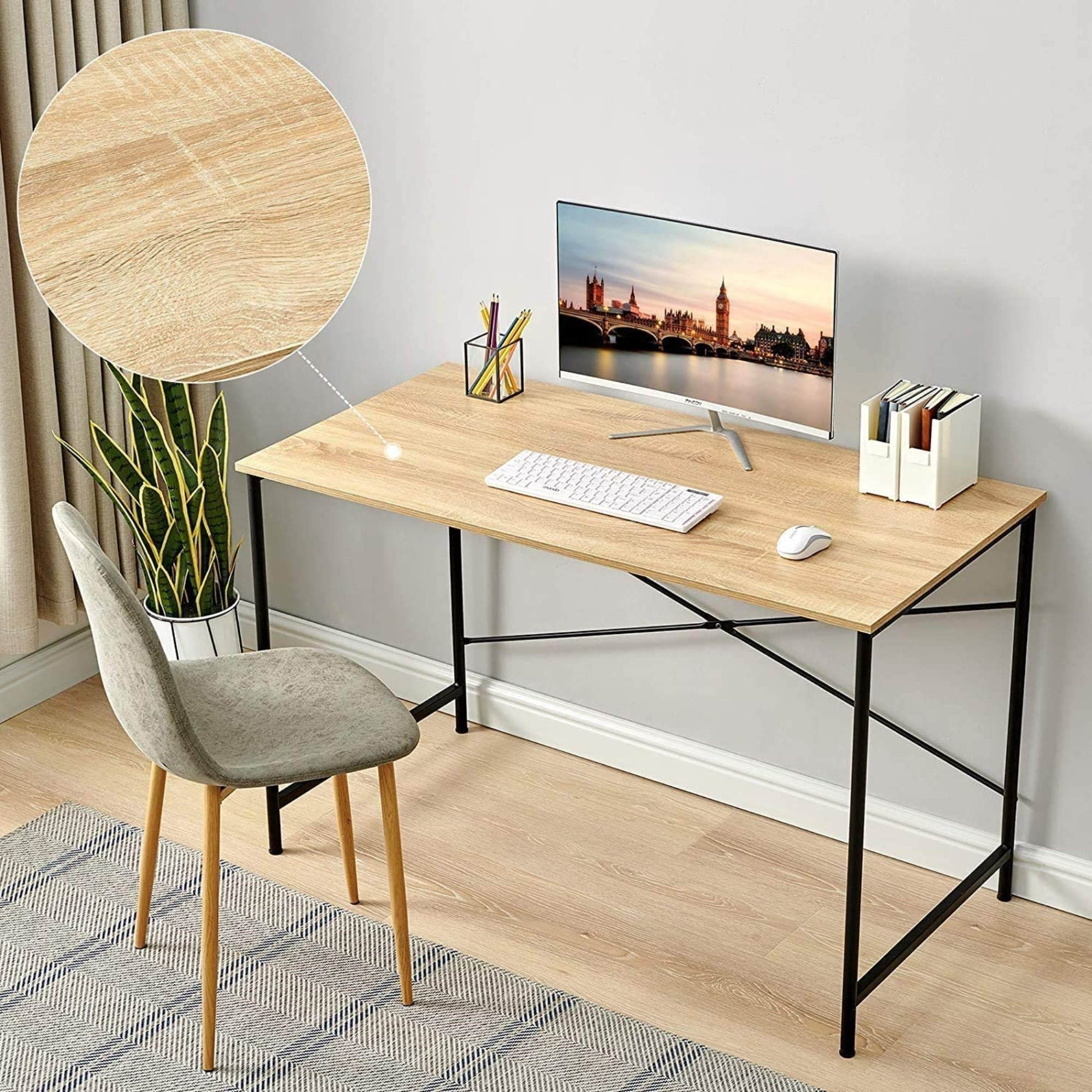 Coavas Office Computer Desk Large Study Desk Simple Writing Table Workstation for Home, Oak Tabletop with Black Frame, 47"