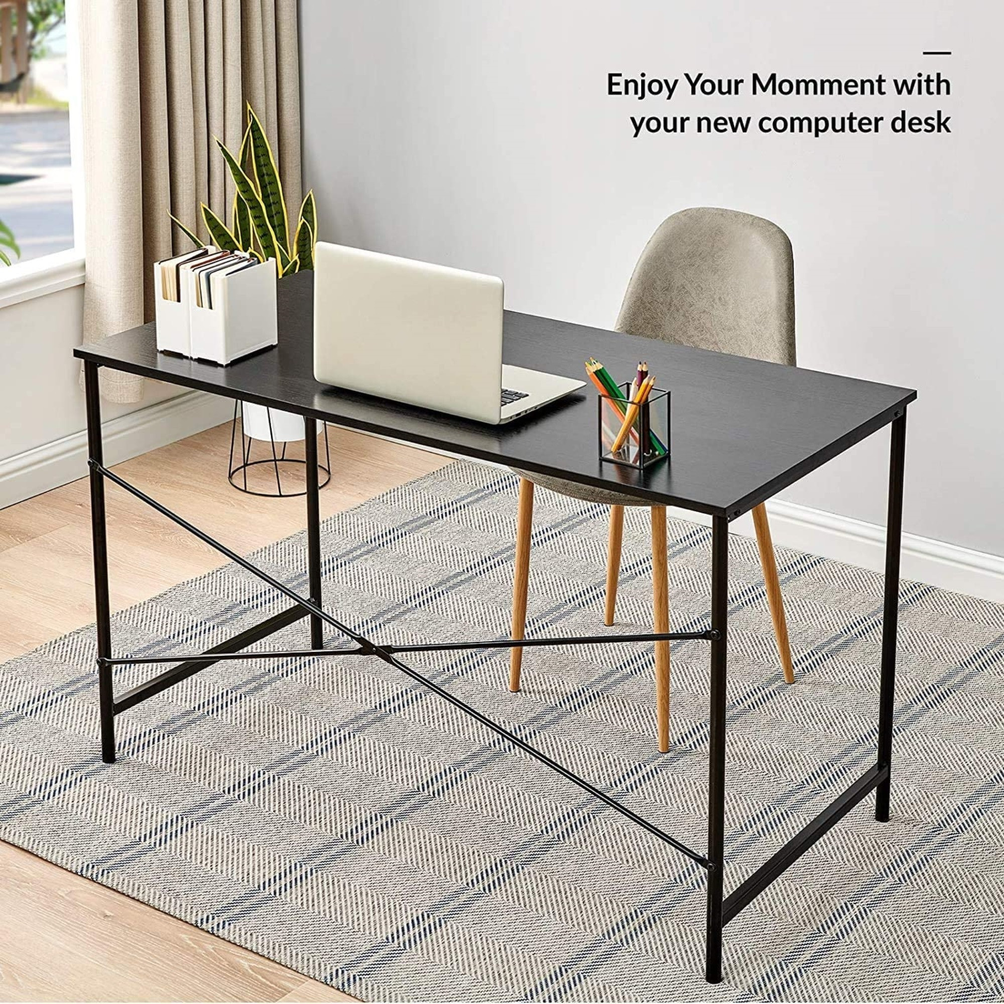 Coavas Computer Desk Large Study Desk Simple Writing Table Workstation for Home, Black Wood Tabletop with Black Frame, 47"