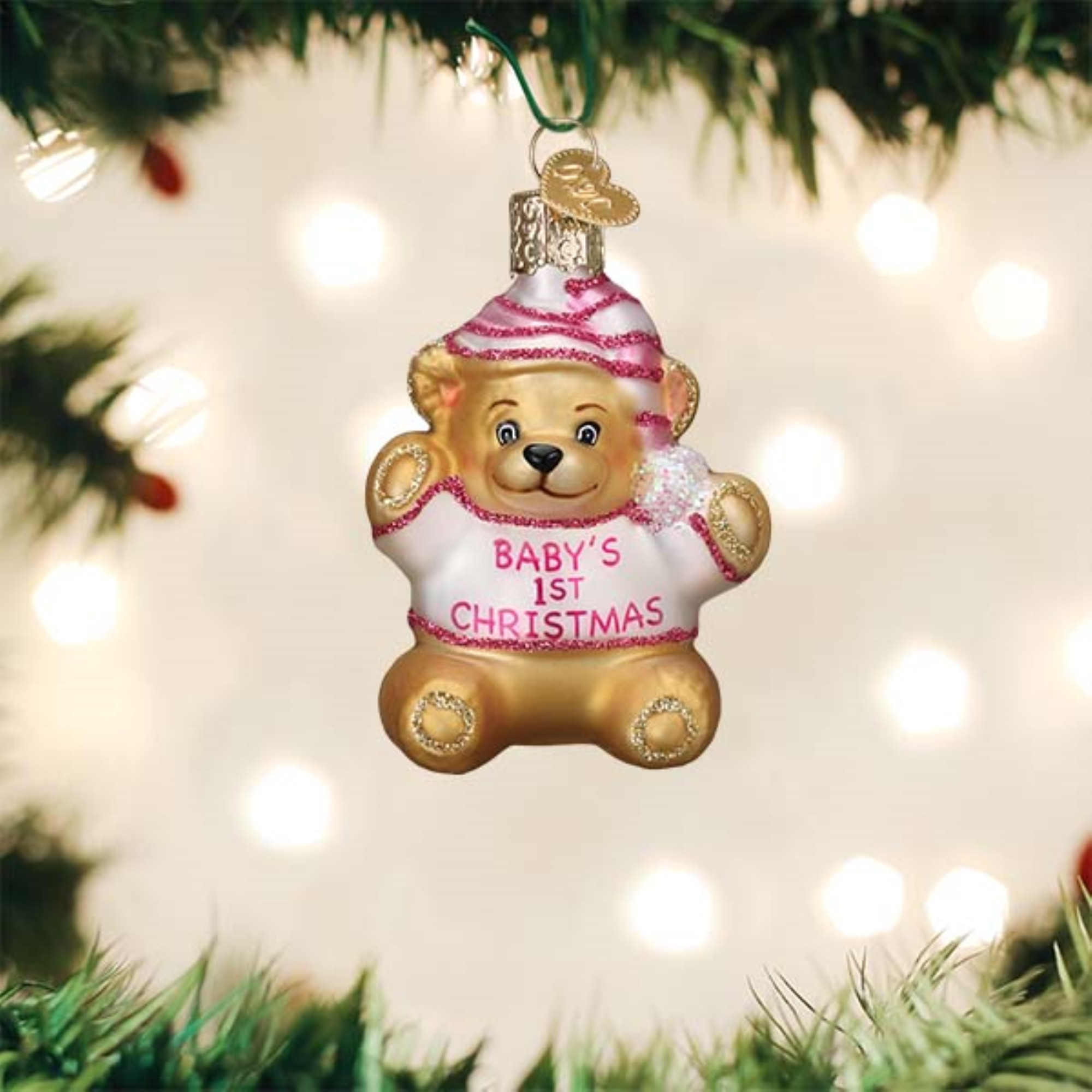Old World Christmas Blown Glass Ornament for Christmas Tree, Baby Girl's First Teddy Bear