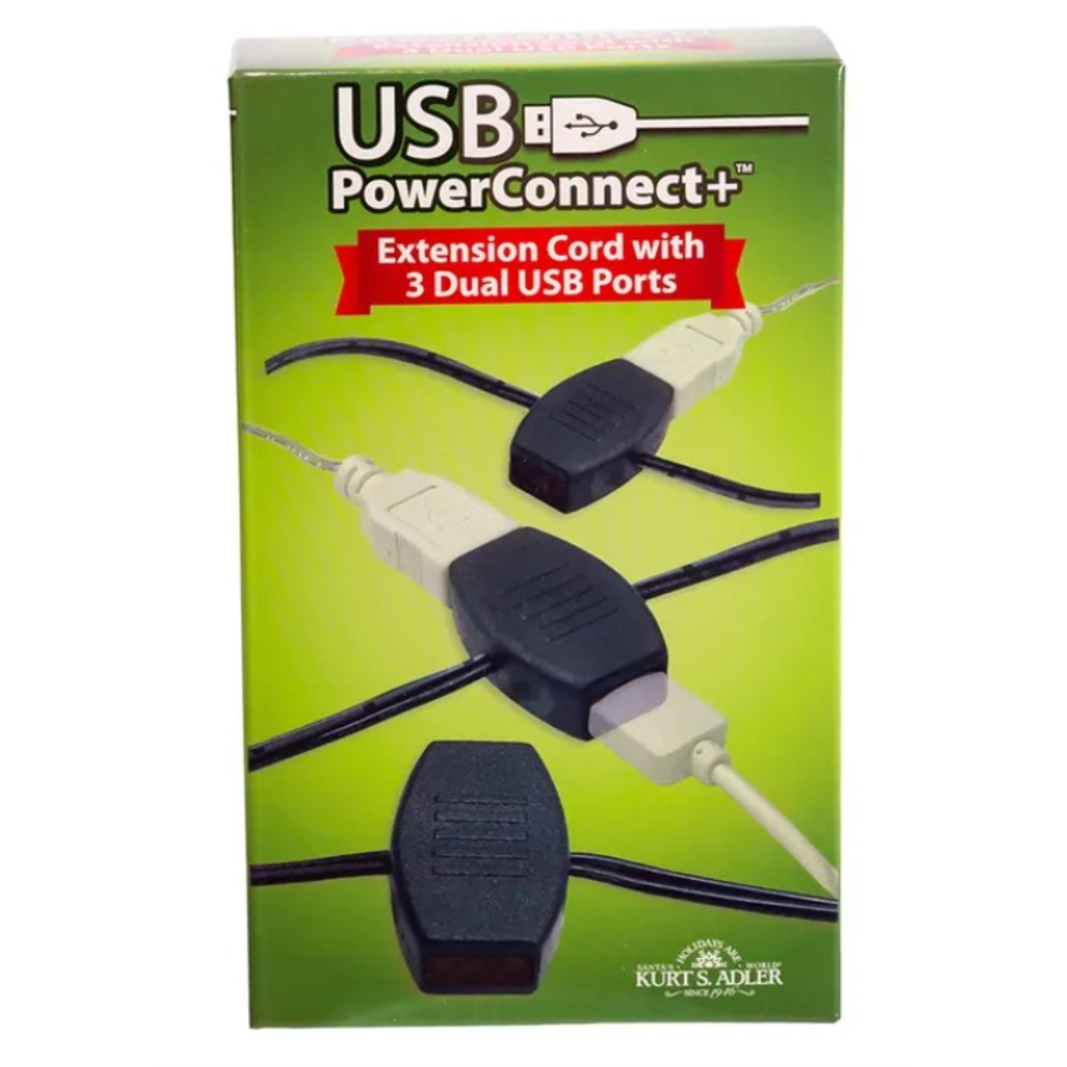 Kurt S. Adler (#USB0001) 6 Power Outlets USB Extension Cord, Black, 6'