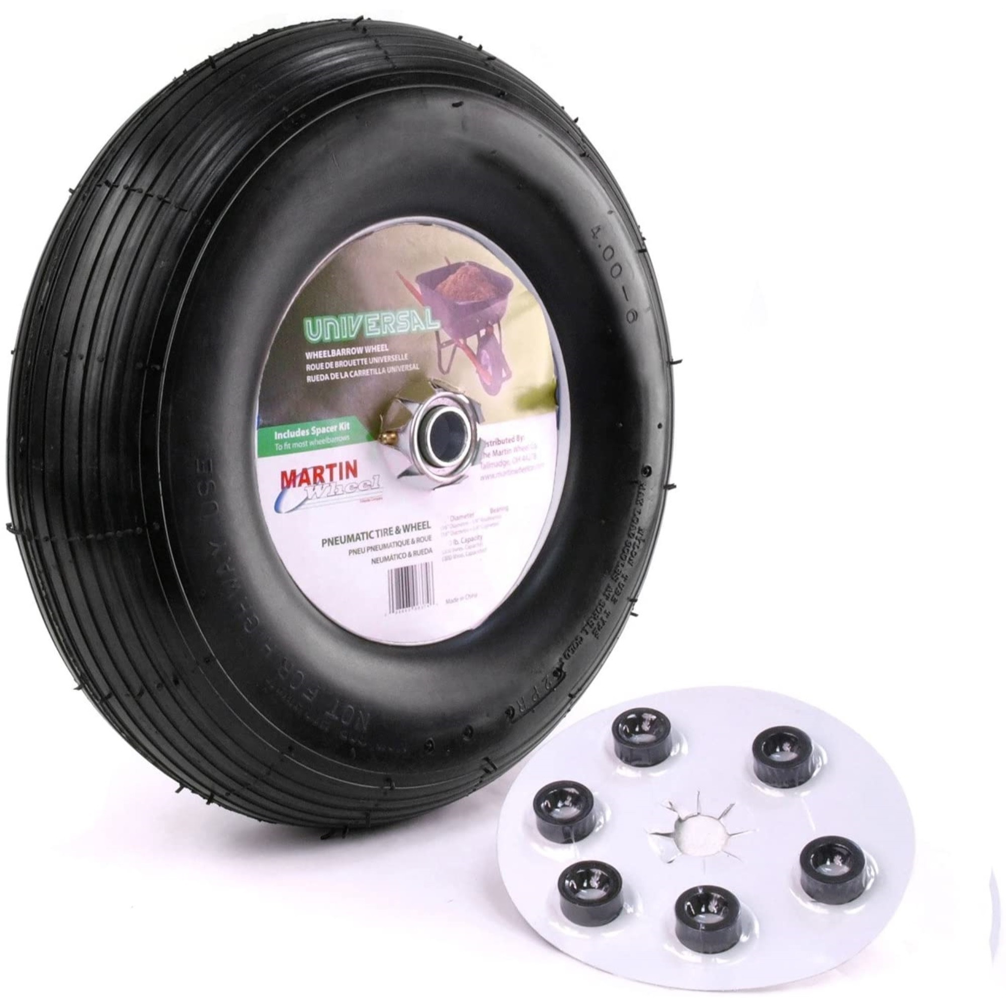 Martin Pneumatic Wheelbarrow Wheel with Universal Hub Ribbed Tire, 16"