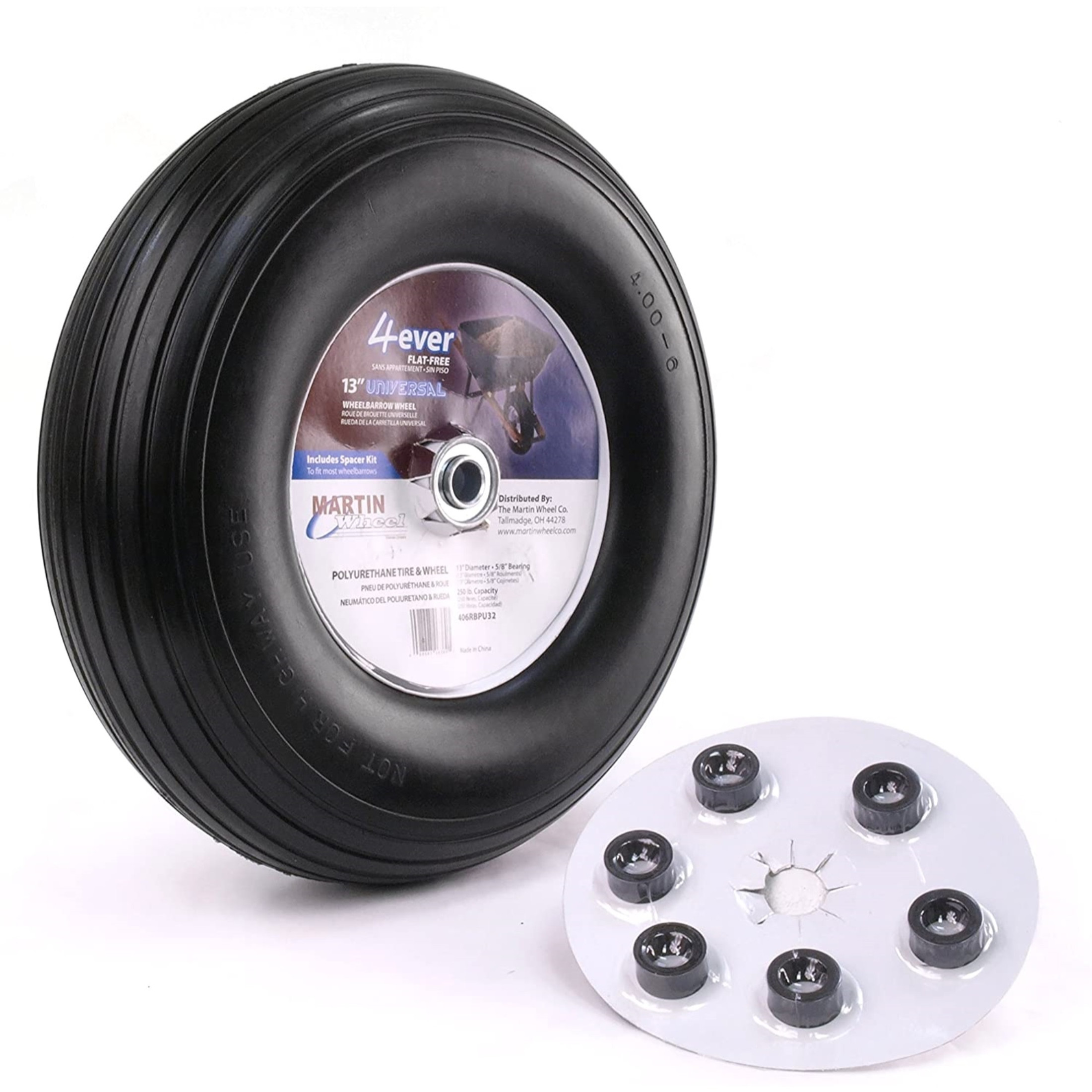 Martin Wheel Polyurethane Flat-Free Wheelbarrow Wheel with Universal Hub, 13" Martin Wheel Polyurethane Flat-Free Wheelbarrow Wheel with Universal Hub, 13"