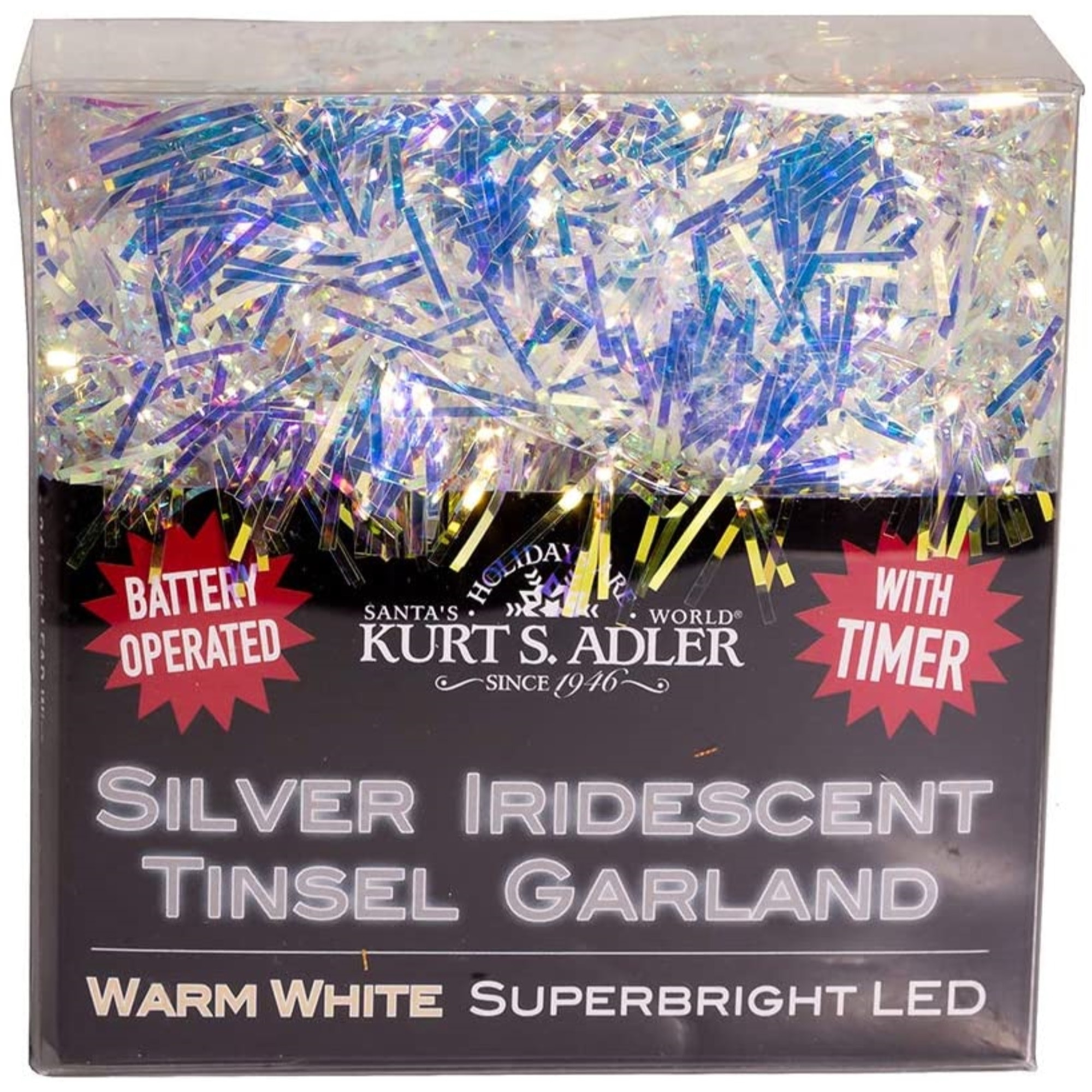 Kurt Adler Battery Operated Pre-Lit LED Iridescent Tinsel Garland, 6.5ft
