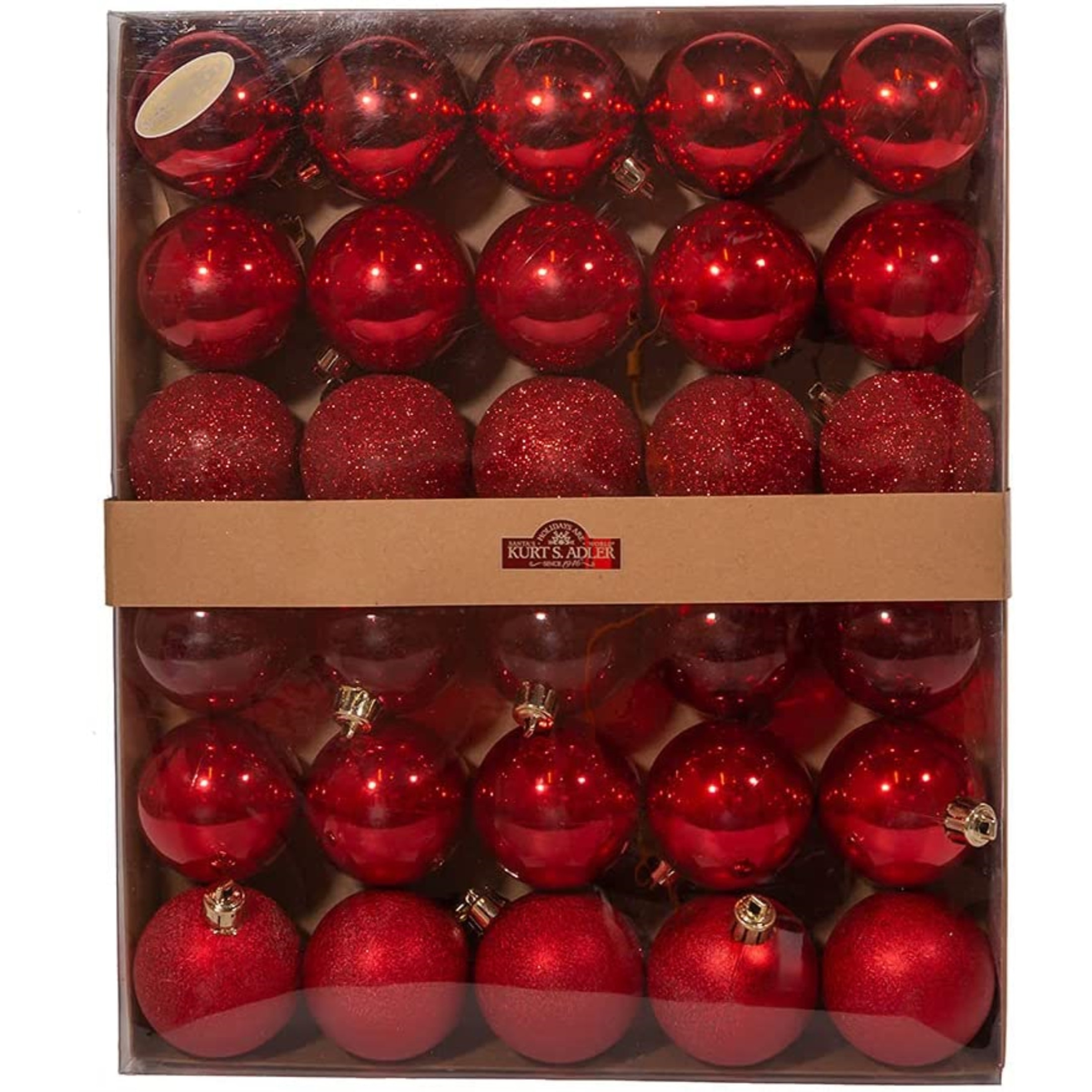 Kurt Adler Shatterproof Christmas Tree Ornament Set, Multi-finished Red Balls, 2.5" (30-Count)